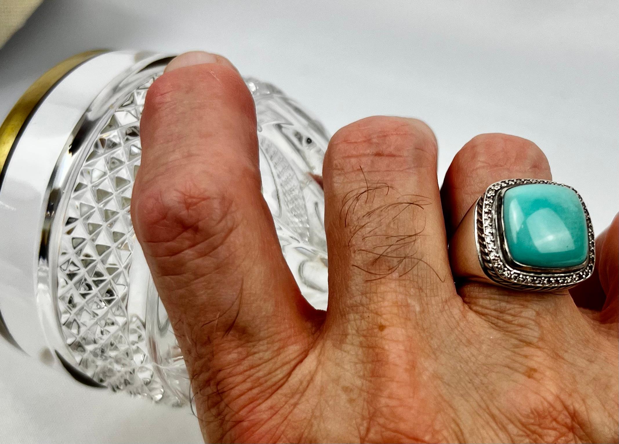 Women's or Men's David Yurman's Albion Sterling Silver Ring with Square Cabochon Turquoise Stone