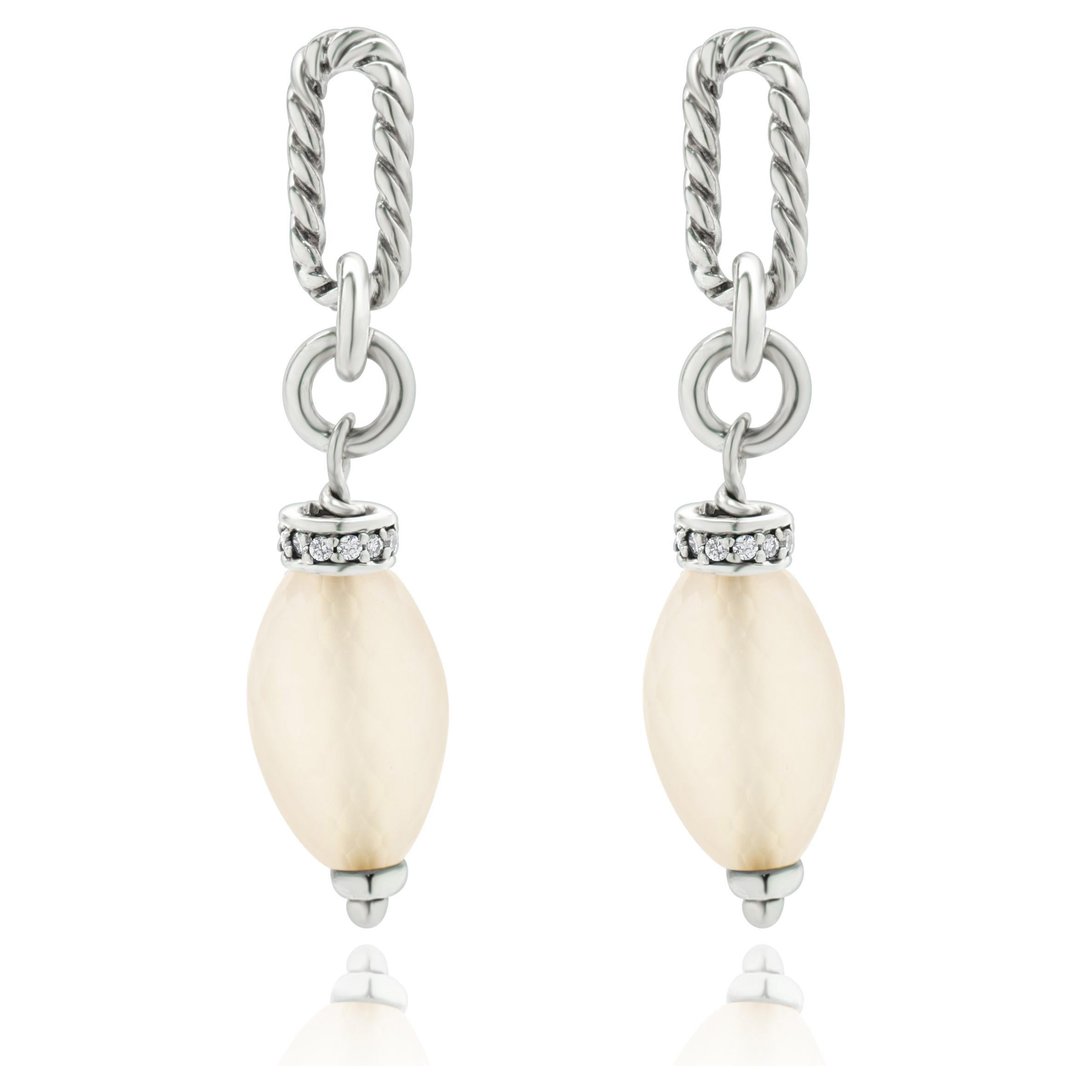 David Yurman Sterling Silver Rose Quartz and Diamond Drop Earrings