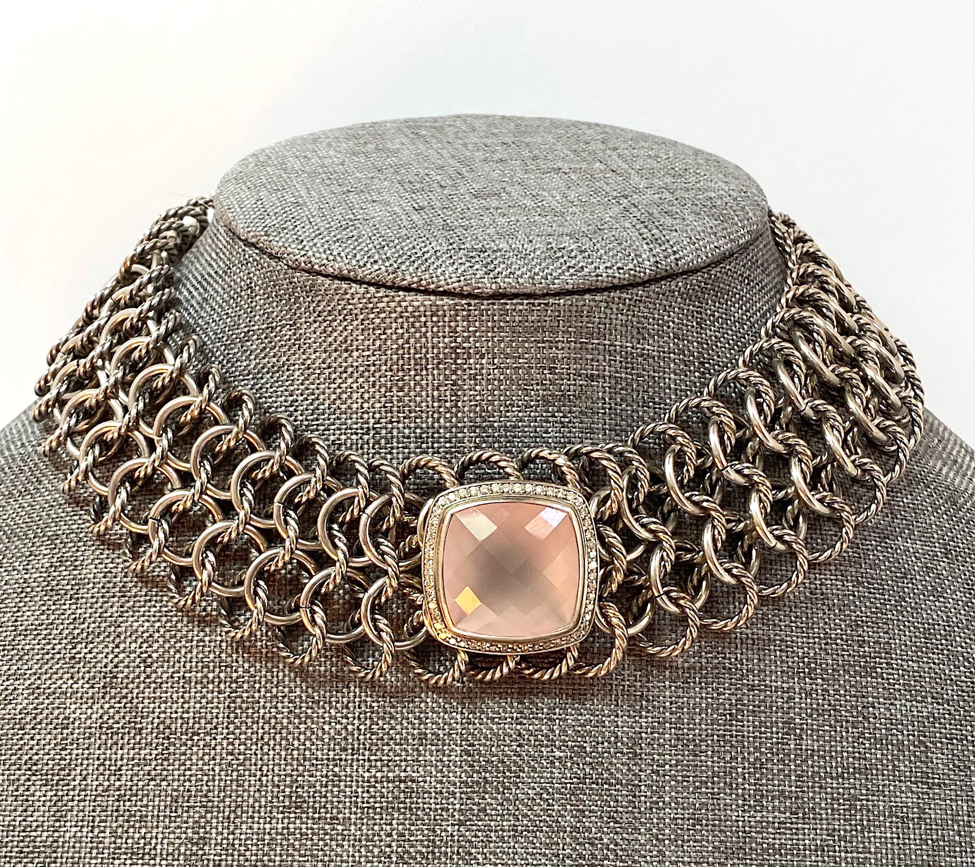Rose Cut David Yurman Sterling Silver, Rose Quartz, Diamond & 18K Atlas Necklace