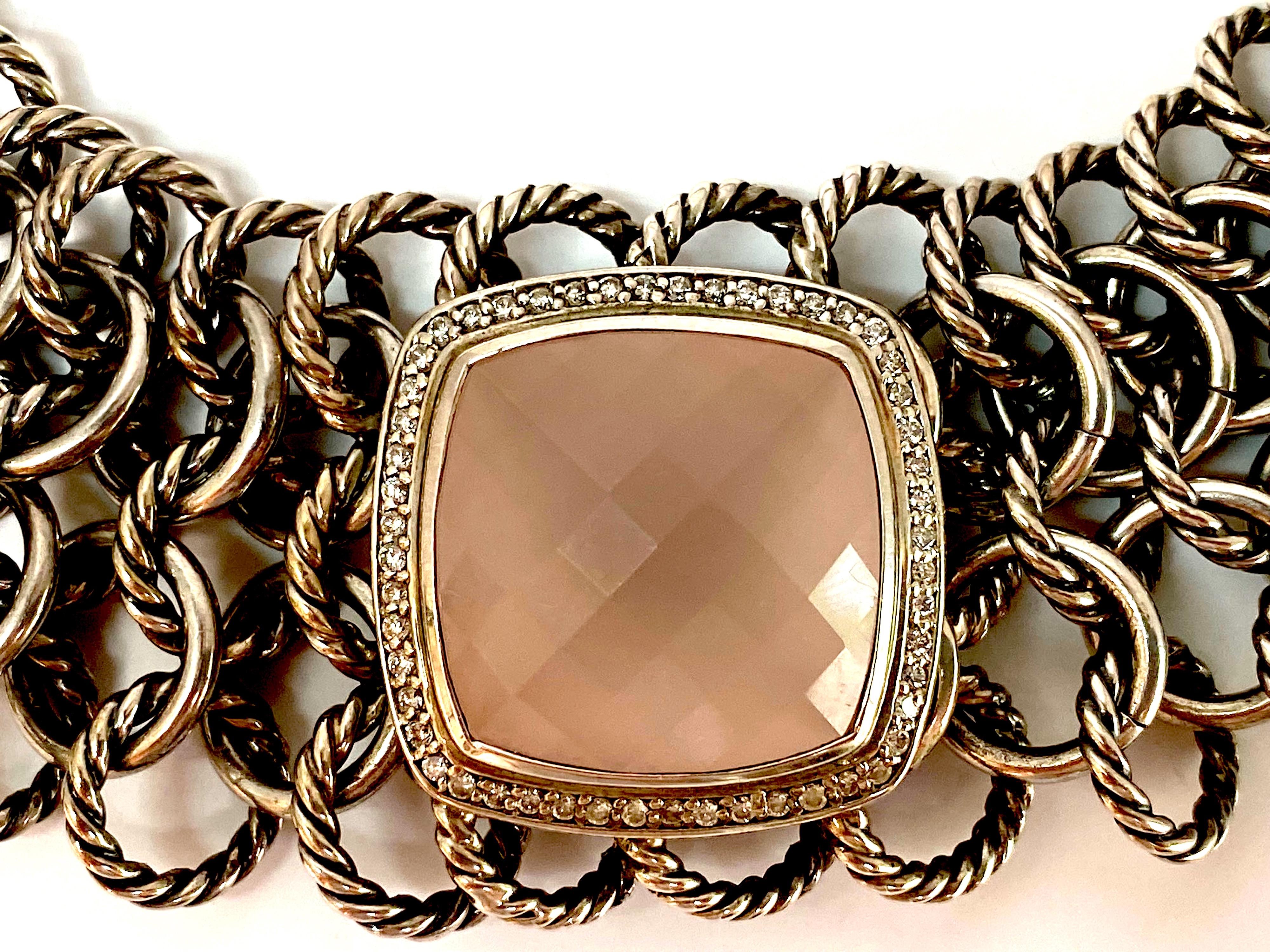 David Yurman Sterling Silver, Rose Quartz, Diamond & 18K Atlas Necklace 2