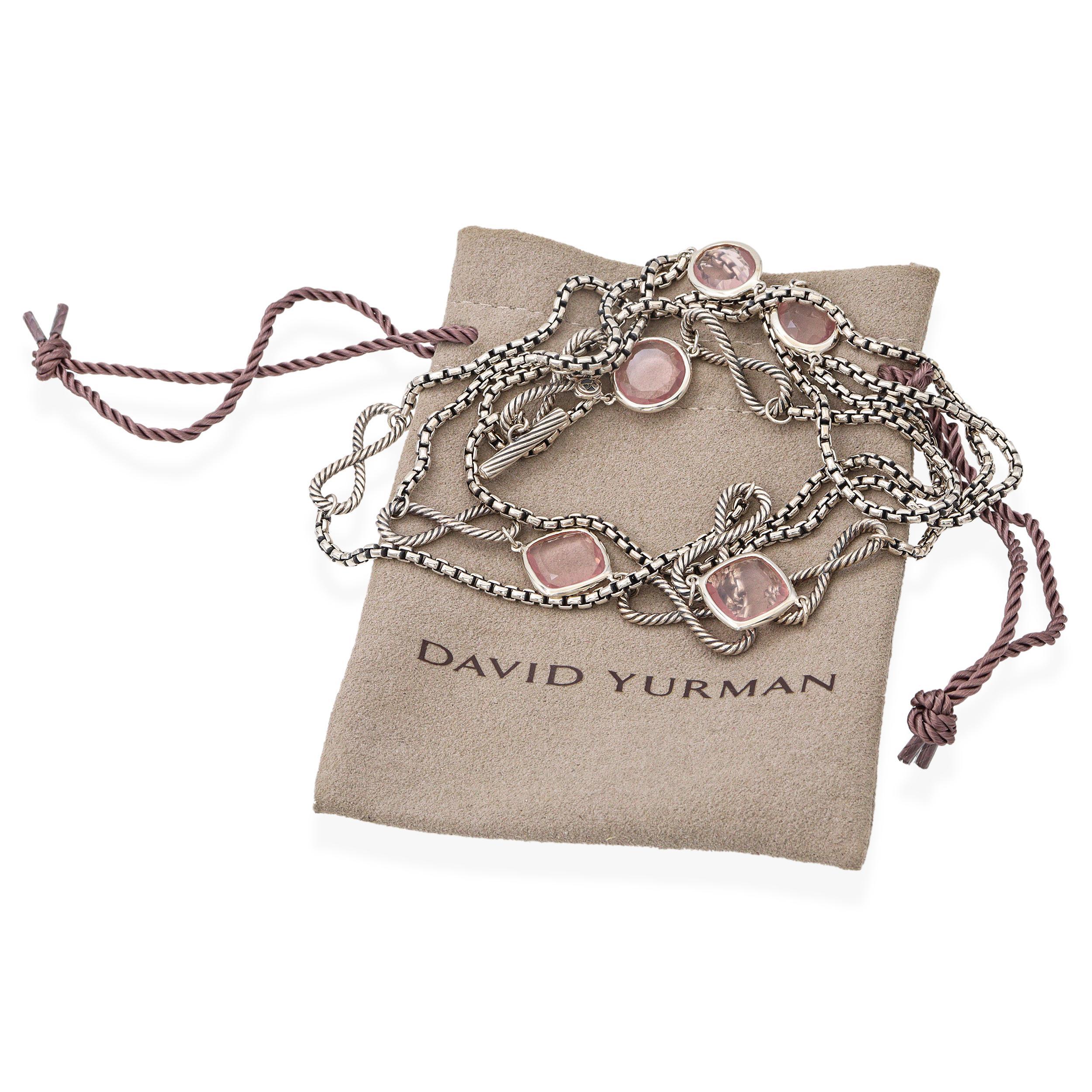 Delicate and graceful, this David Yurman necklace features a refined blend of romantic color and symbolic design. Crafted from sterling silver, the long box chain is accented with soft blush rose quartz cabochons, bezel-set in polished silver.