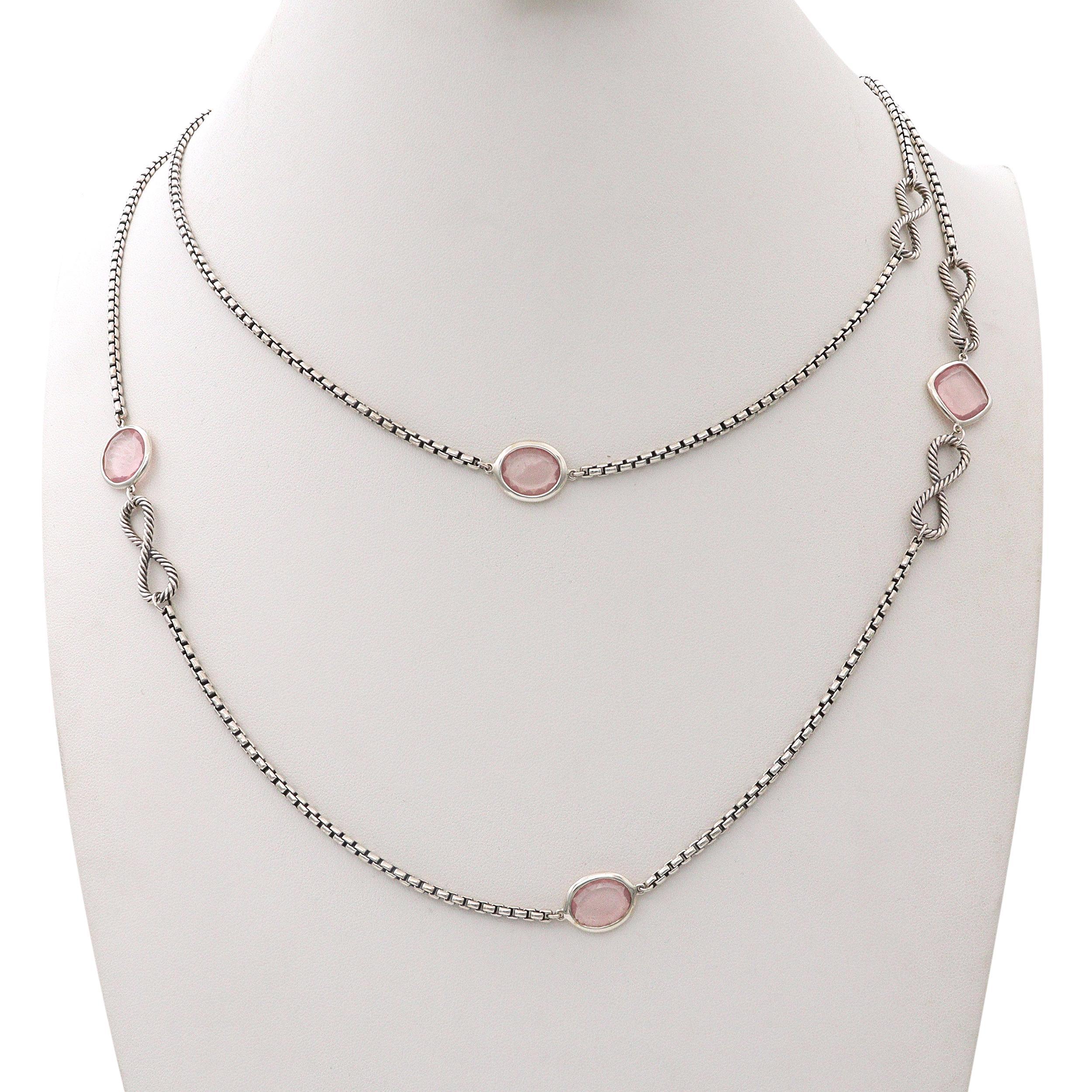 Cabochon David Yurman Sterling Silver Rose Quartz Infinity Station Necklace For Sale
