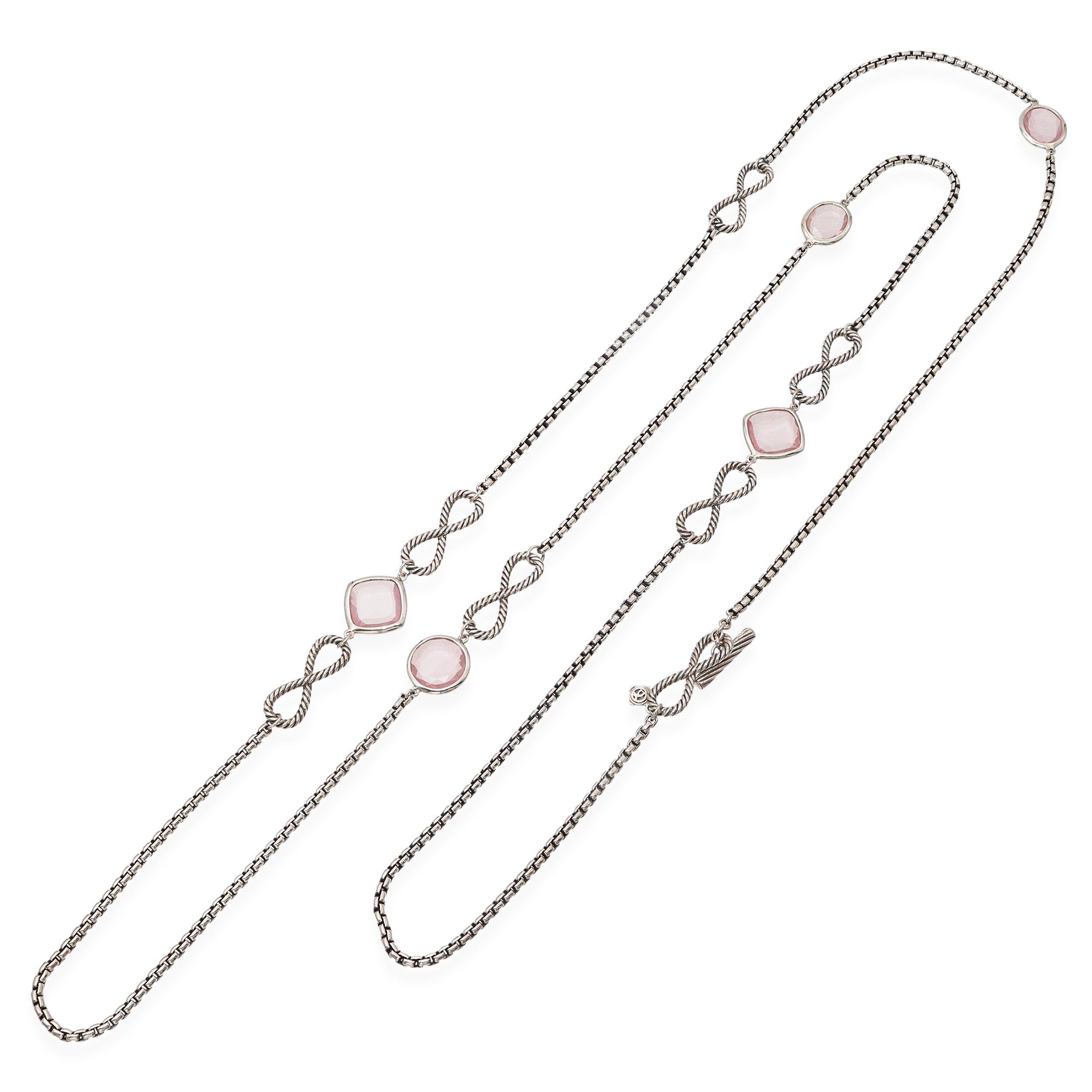 David Yurman Sterling Silver Rose Quartz Infinity Station Necklace In Good Condition For Sale In New York, NY