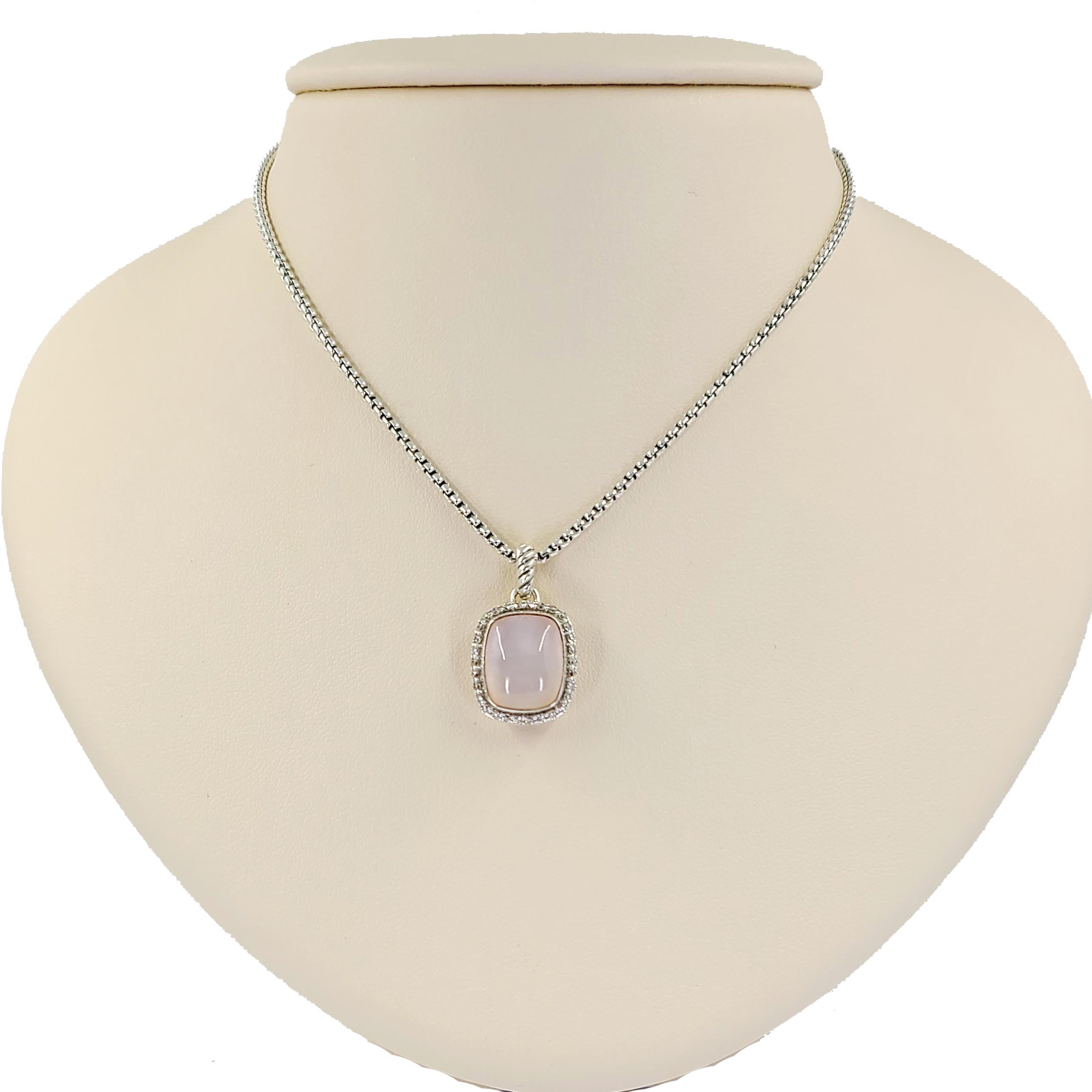 David Yurman Sterling Silver Pendant Necklace Featuring A Cushion Cabochon Rose Quartz & Mother-of-Pearl Doublet Surrounded By Diamonds. Rounded Box Chain Measures 17 Inches Long With Additional Jump Ring At 15.5 Inches. Original MSRP $1,475.