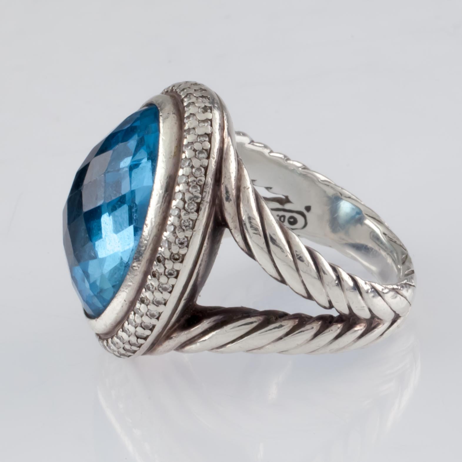 Donna David Yurman Anello Signature in argento Sterling Topazio Blu con Accenti di Diamante in vendita