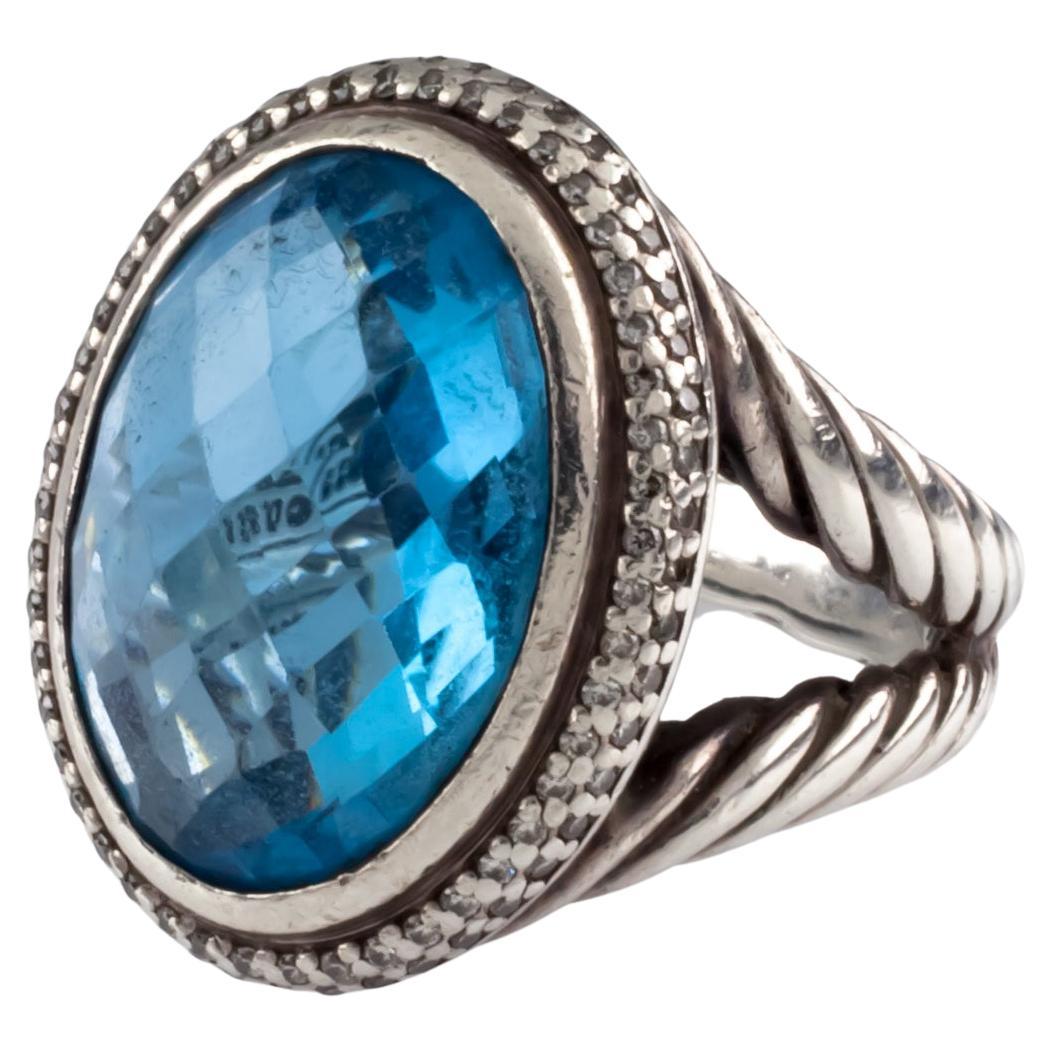 David Yurman Sterling Silver Signature Blue Topaz Ring w/ Diamond Accents  For Sale at 1stDibs