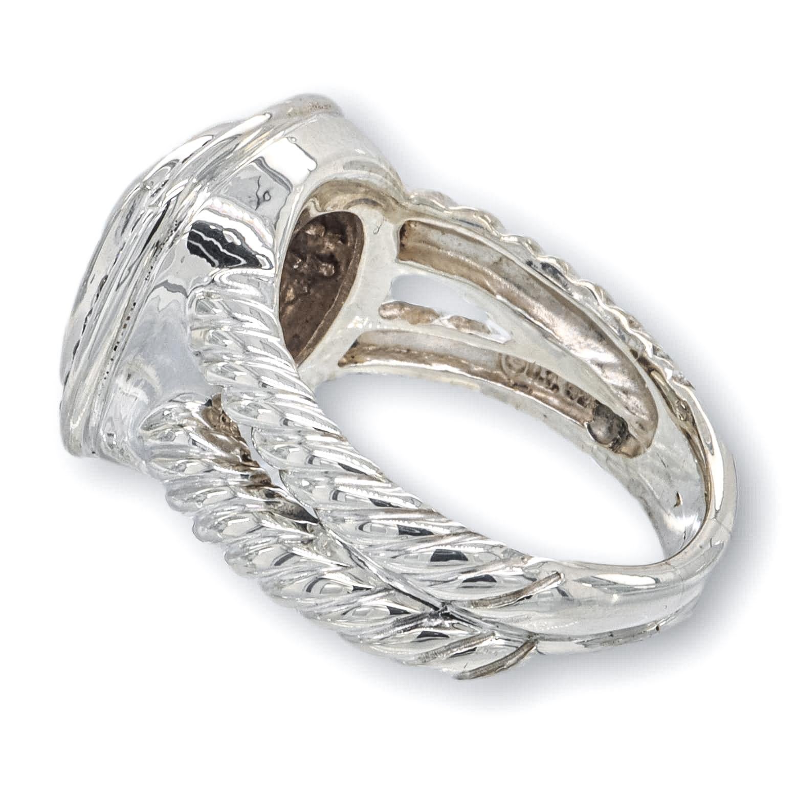 David Yurman ring from the Albion collection finely crafted in sterling silver featuring a faceted cushion smokey quartz gemstone center adorned with a diamond bead set halo with 22 round brilliant cut diamonds weighing 0.22 cts. and cable split