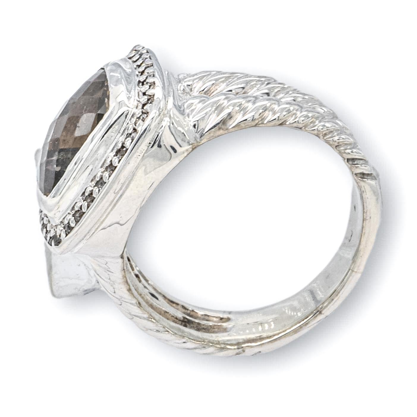 Cushion Cut David Yurman Sterling Silver Smoky Quartz Albion Diamond Halo Ring For Sale
