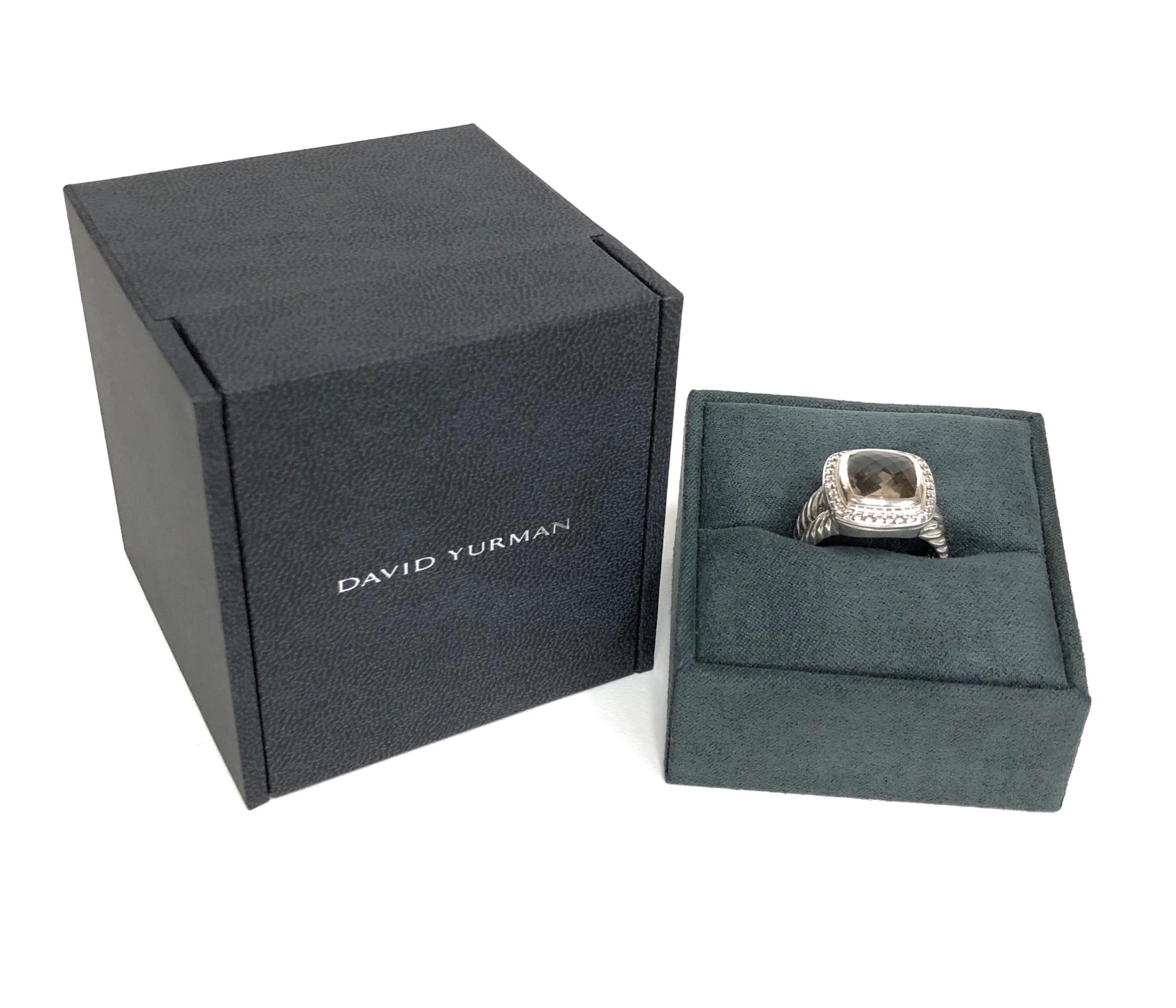 David Yurman Sterling Silver Smoky Quartz Albion Diamond Halo Ring In Excellent Condition For Sale In New York, NY