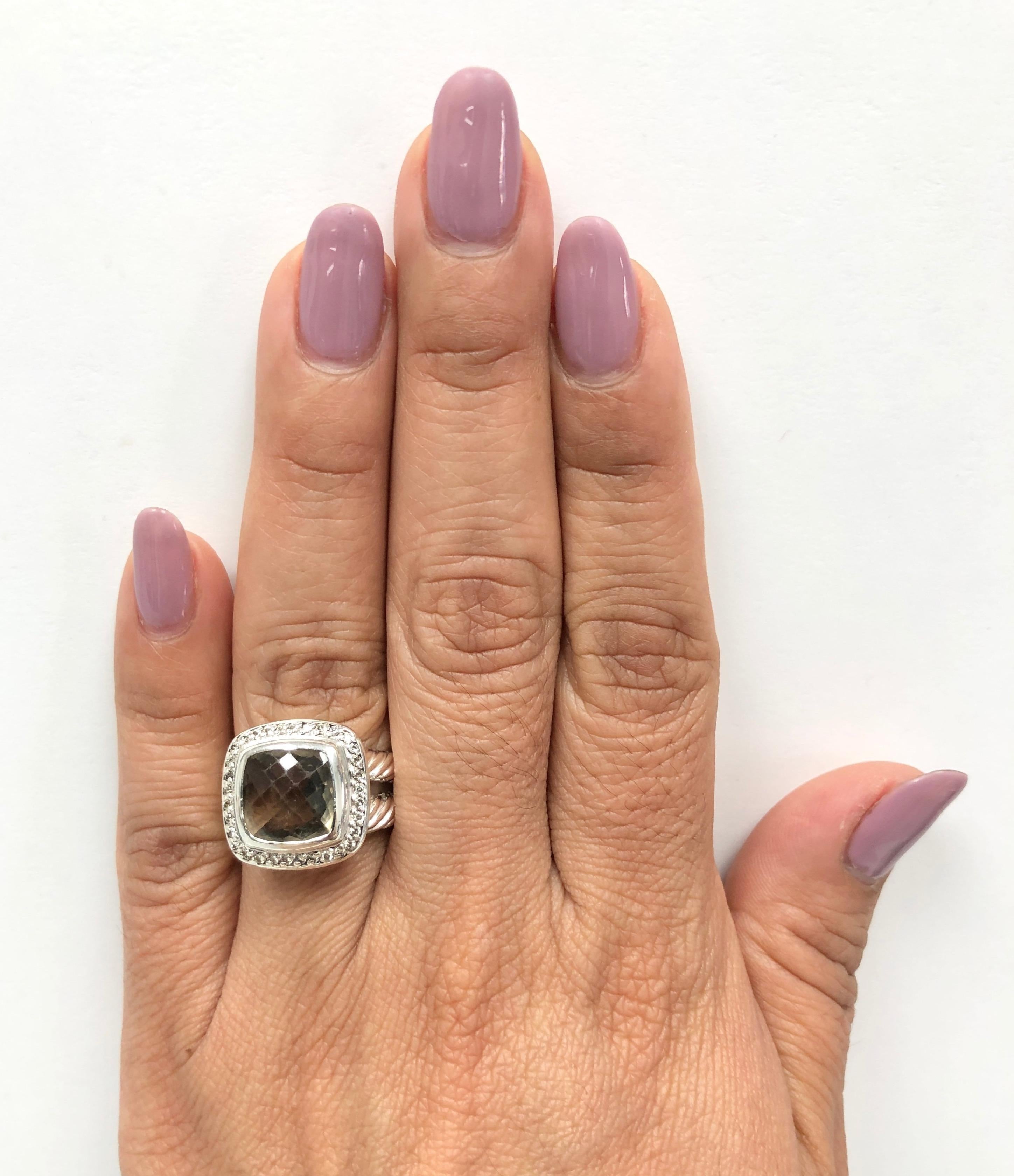 Women's or Men's David Yurman Sterling Silver Smoky Quartz Albion Diamond Halo Ring For Sale