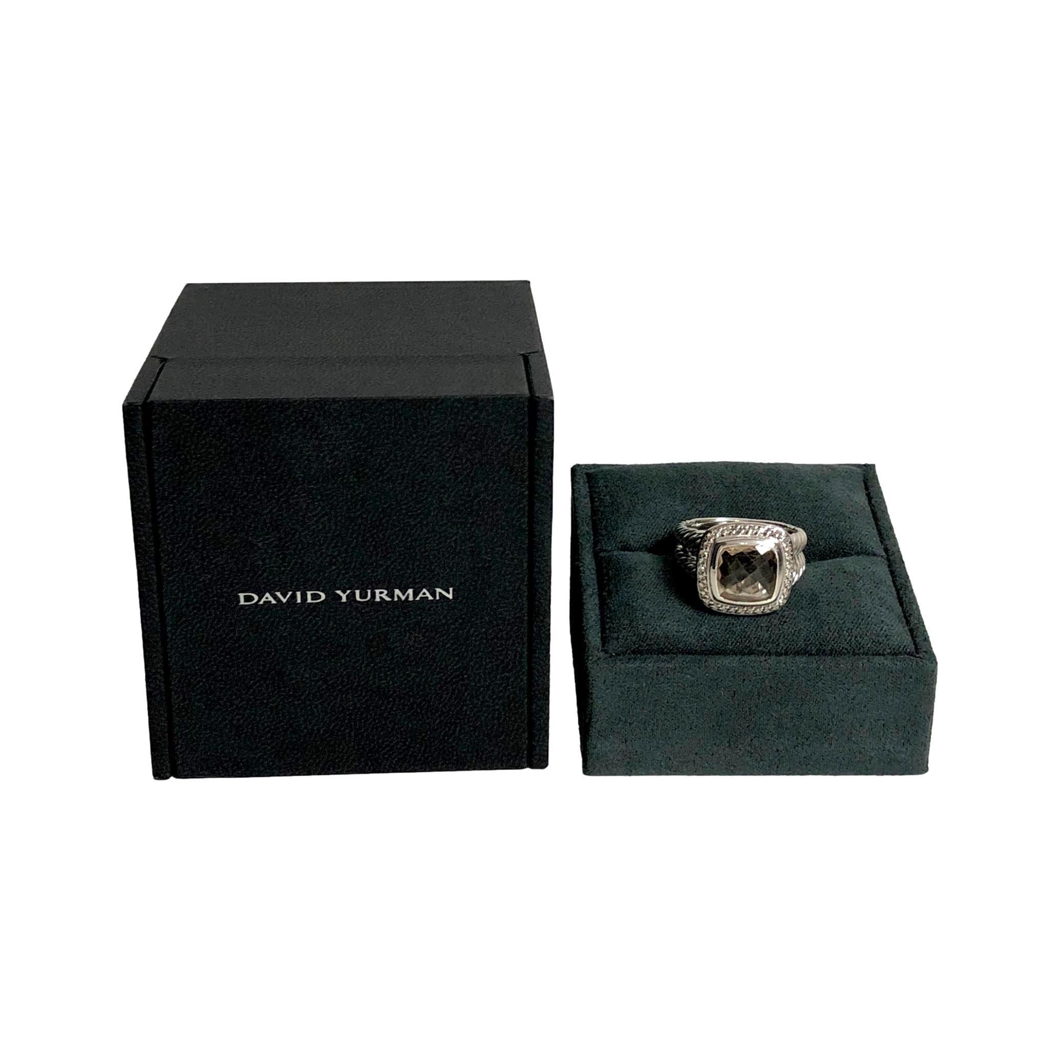 David Yurman Sterling Silver Smoky Quartz Albion Diamond Halo Ring In Excellent Condition For Sale In New York, NY