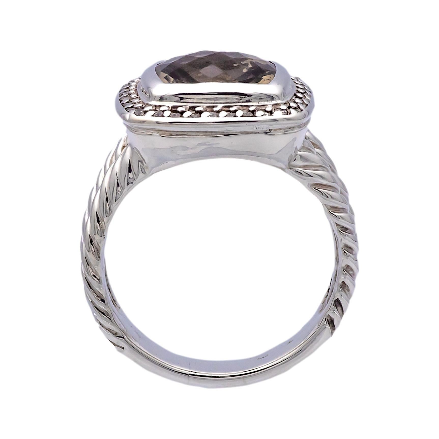 Contemporary David Yurman Sterling Silver Smoky Quartz Albion Diamond Halo Ring For Sale