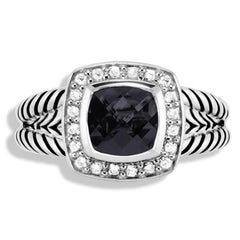 David Yurman Sterling Silver Split Shank Black Onyx and Diamond RIng