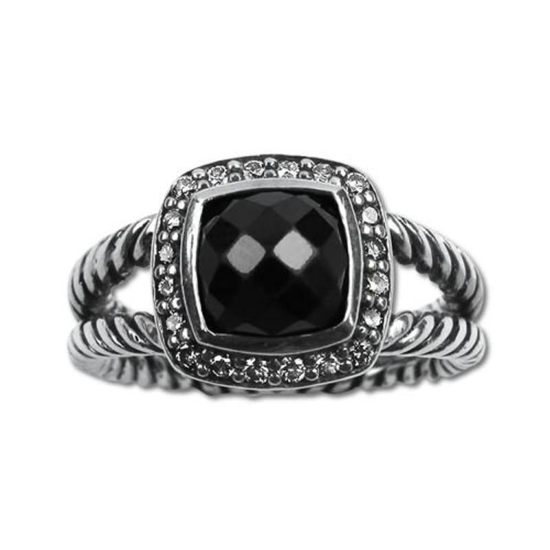 Square Cut David Yurman Sterling Silver Split Shank Black Onyx and Diamond RIng For Sale