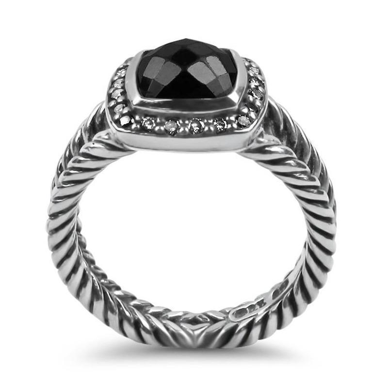 Women's or Men's David Yurman Sterling Silver Split Shank Black Onyx and Diamond RIng For Sale