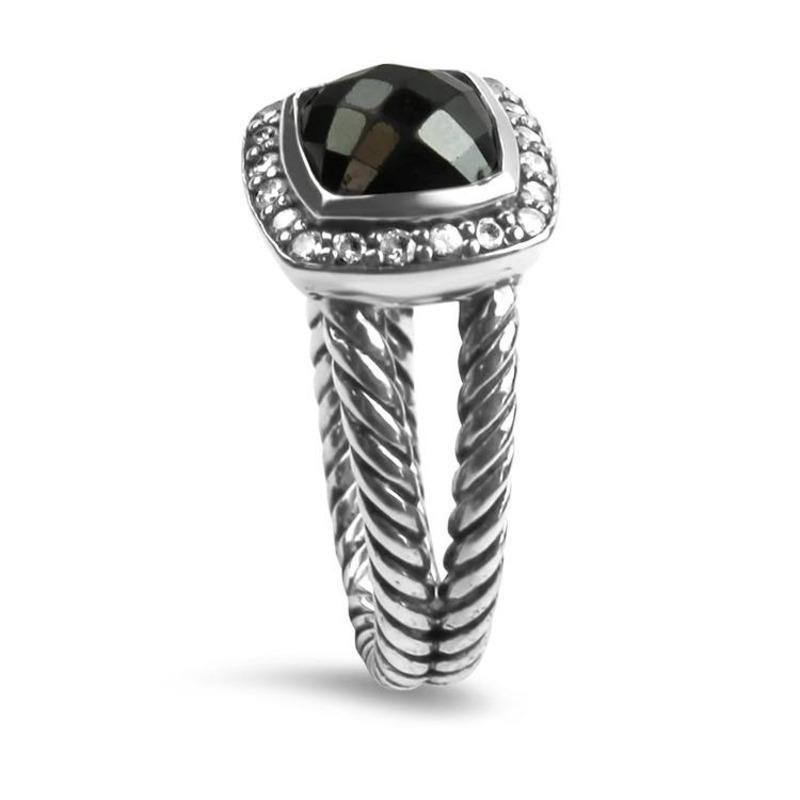 David Yurman Sterling Silver Split Shank Black Onyx and Diamond RIng For Sale 1