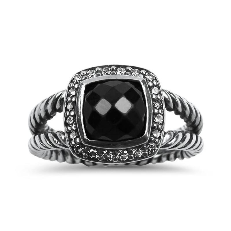 David Yurman Sterling Silver Split Shank Black Onyx and Diamond RIng For Sale 2