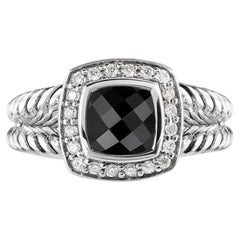 David Yurman Sterling Silver Split Shank Black Onyx and Diamond RIng