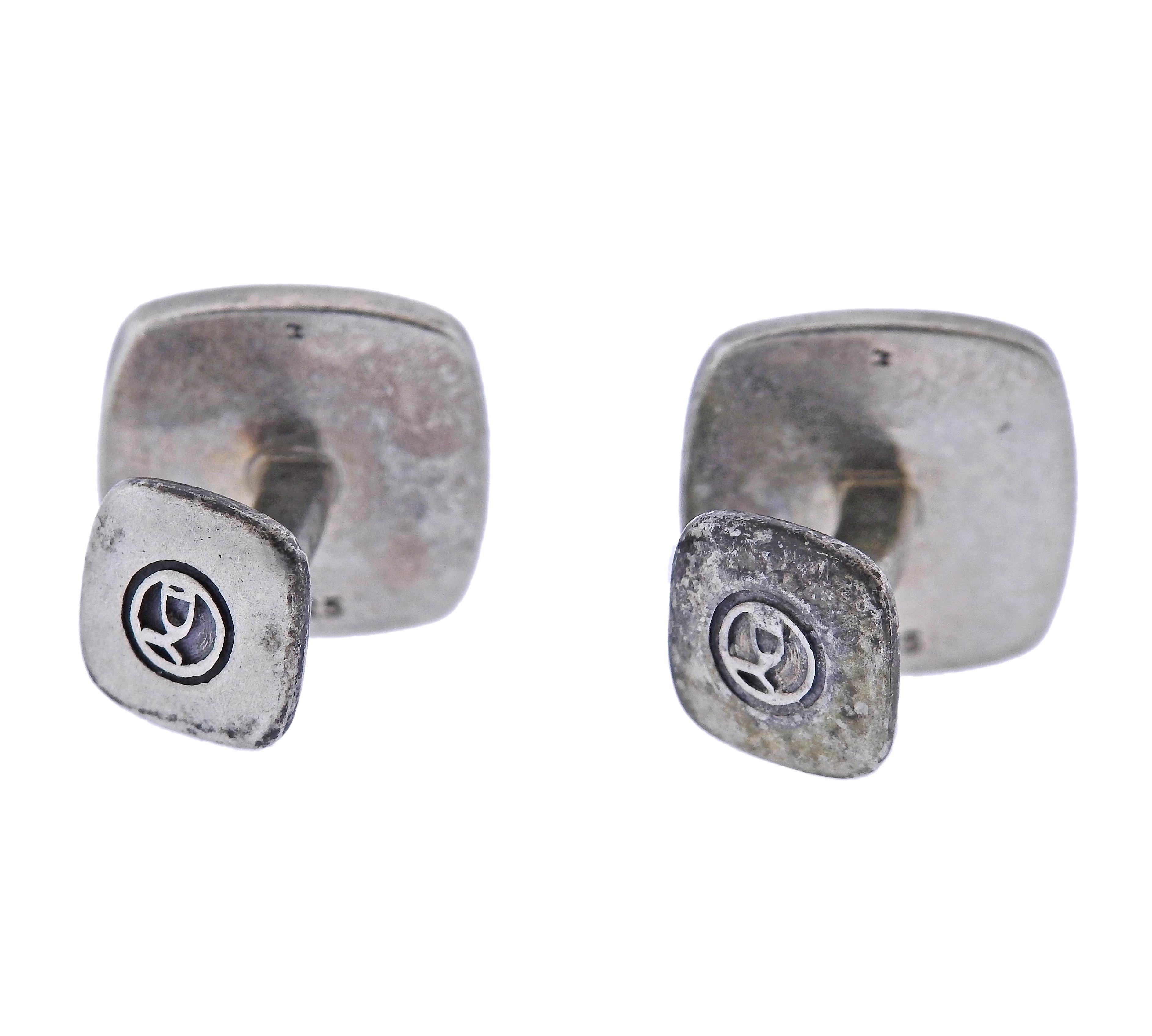 Pair of square sterling silver cufflinks. Each top is 18 x 18mm. Marked: D.Y., 925. Weight - 21.2 grams.