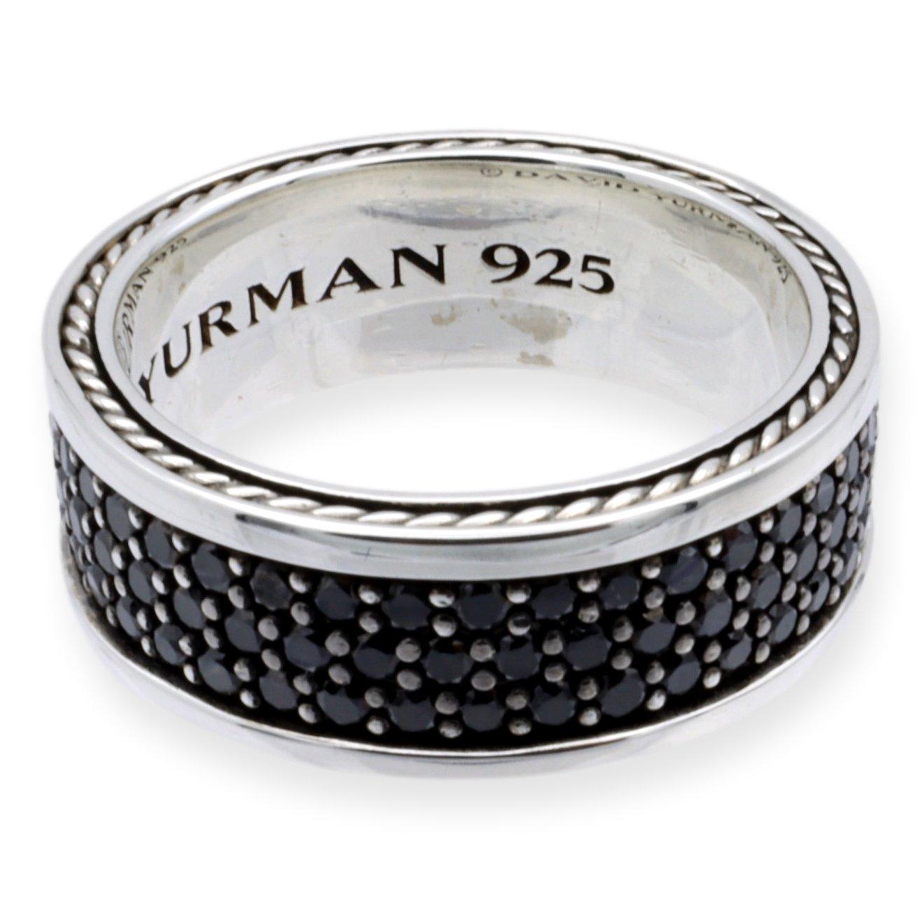 David Yurman wide men's ring from the Streamline collection finely crafted in sterling silver featuring three rows of pave set round brilliant black diamonds weighing 1.95 carats total weight. Band measures 8.5 mm wide. Fully hallmarked with logo
