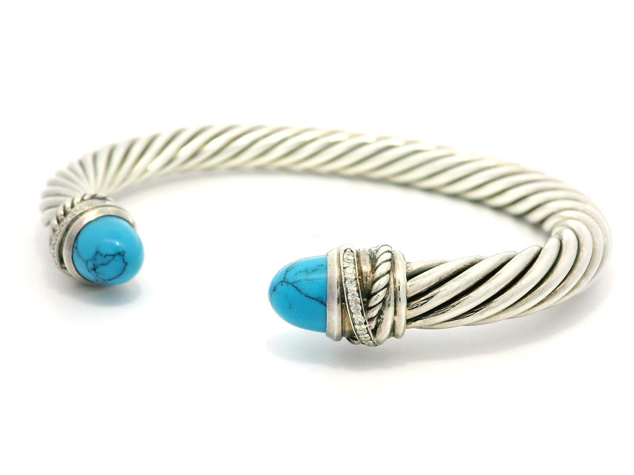 David Yurman Bracciale classico a cavo in argento 925 con diamante turchese da 7 mm In condizioni ottime in vendita a Montclair, NJ