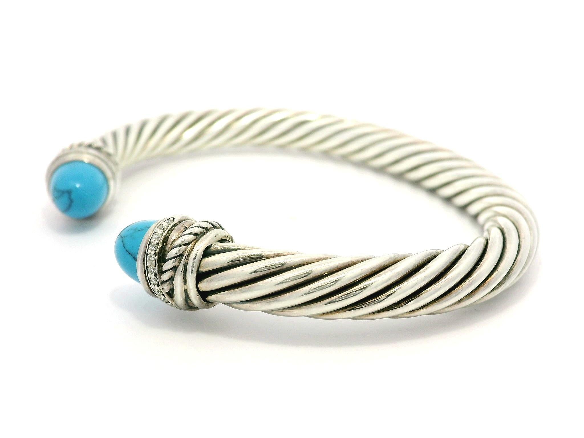Donna David Yurman Bracciale classico a cavo in argento 925 con diamante turchese da 7 mm in vendita