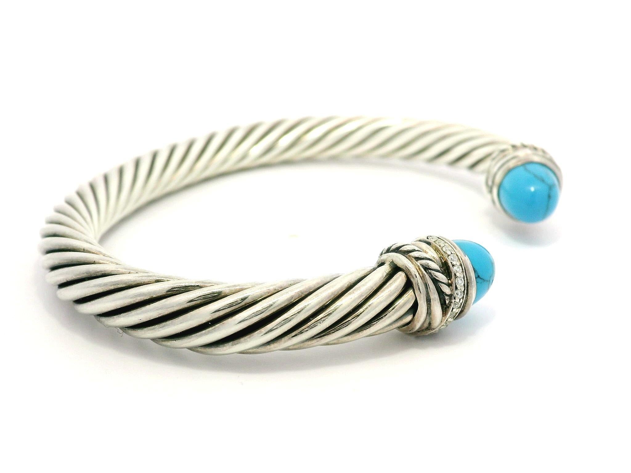 David Yurman Bracciale classico a cavo in argento 925 con diamante turchese da 7 mm in vendita 1