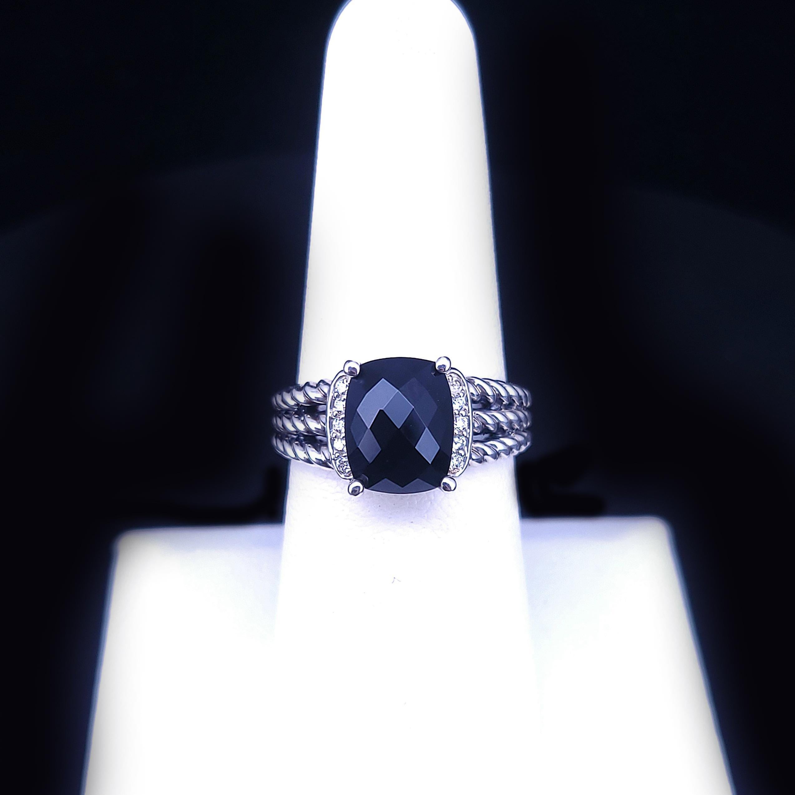 David Yurman Sterling Silver “Wheaton” Petite Ring with Diamonds & Black Onyx