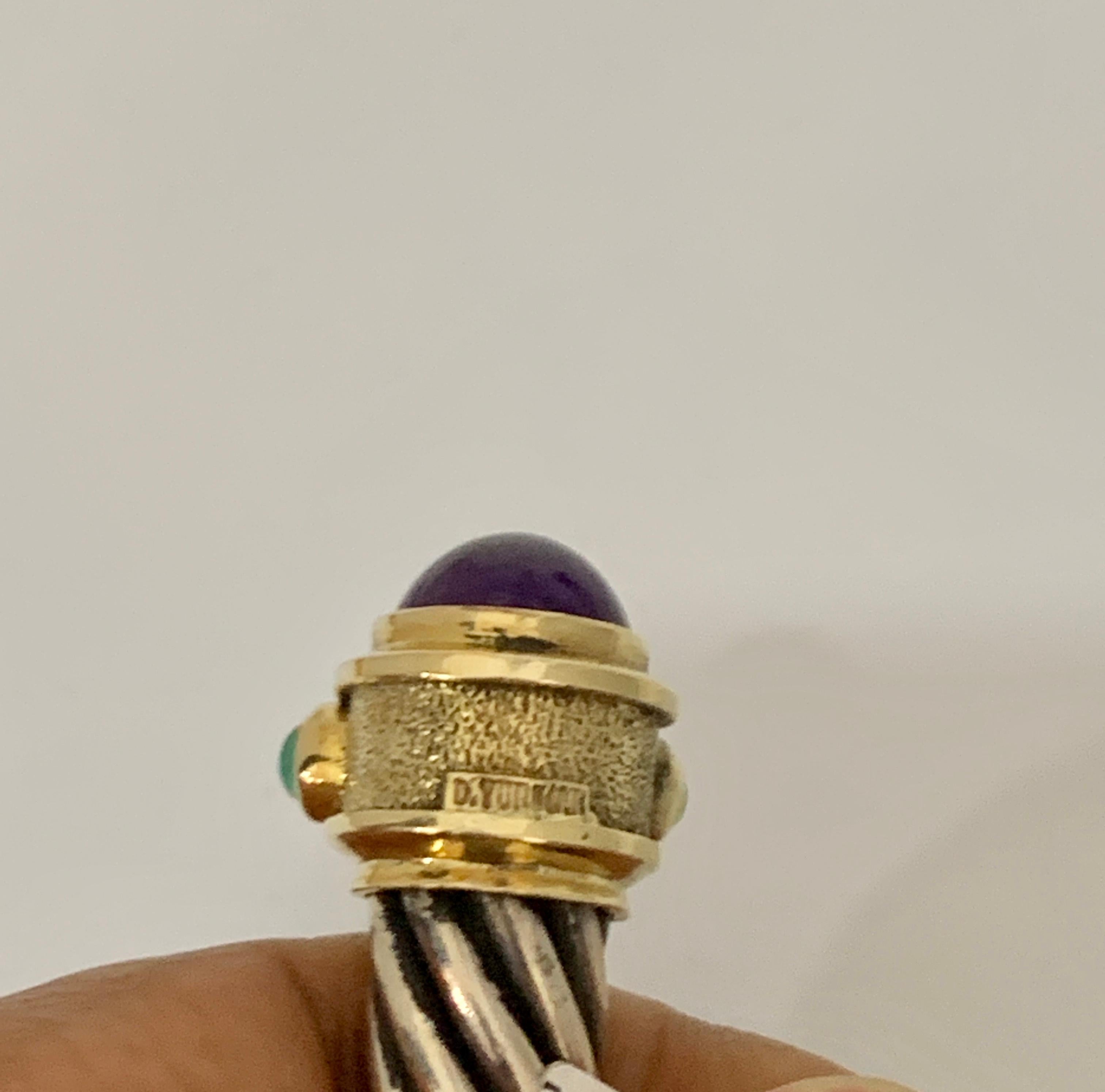 David Yurman Sterling Silver White and Yellow & Amethyst + Emerald Cable Choker In Excellent Condition In New York, NY