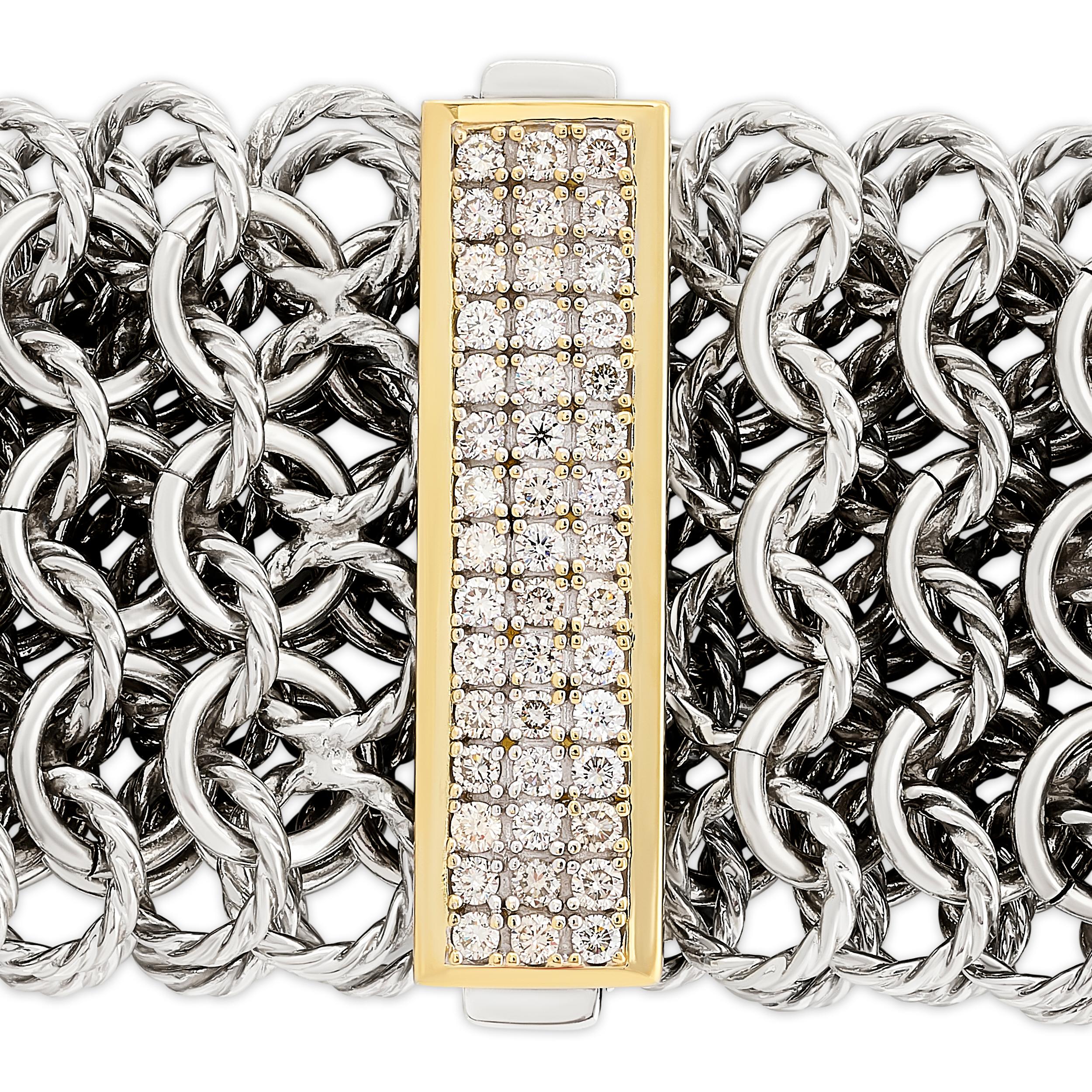 David Yurman Sterling Silver with 18KYG Interlocking Wide Chain Diamond Bracelet In Excellent Condition For Sale In Philadelphia, PA