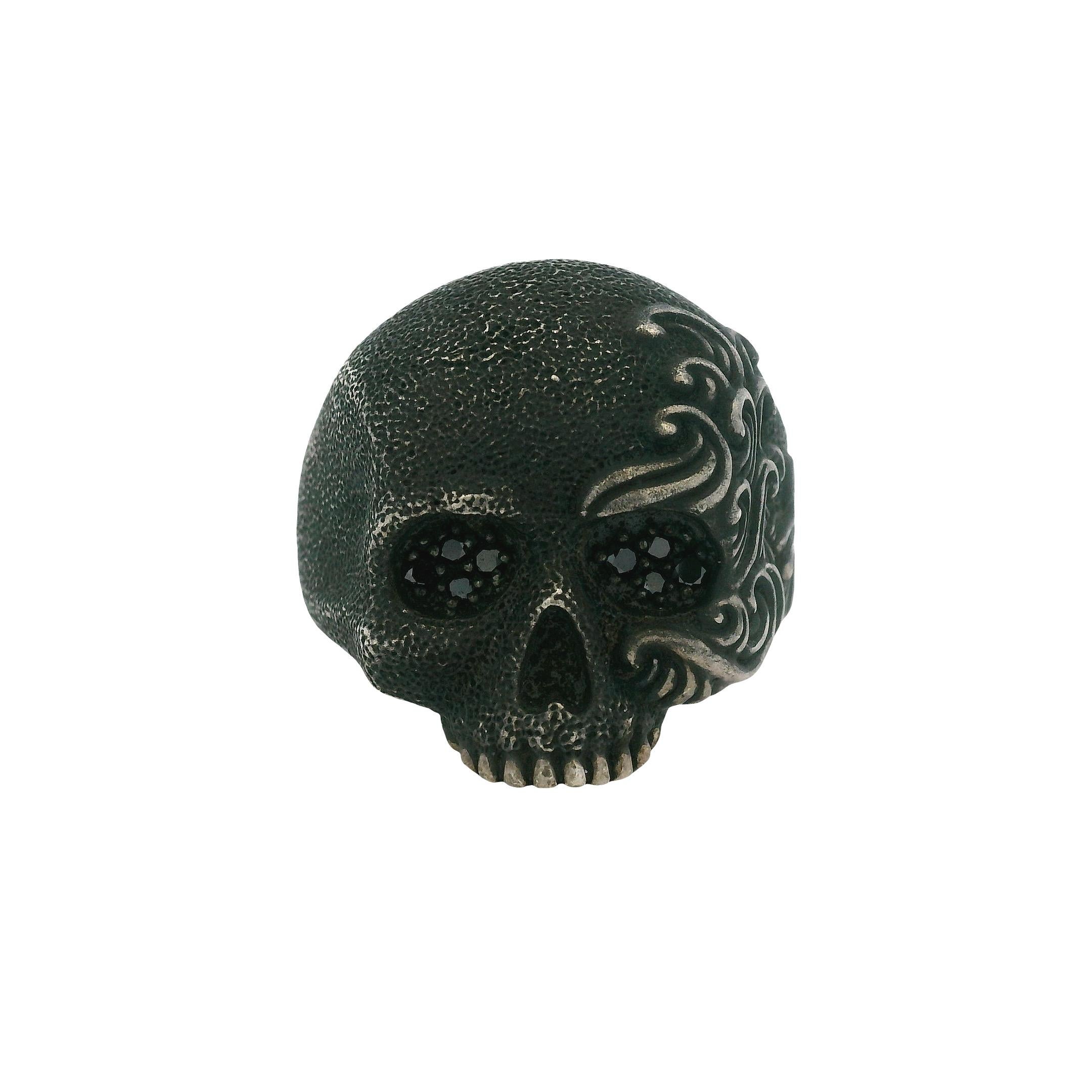 David Yurman Sterling Silver with Black Diamonds Waves Skull Ring For Sale 9