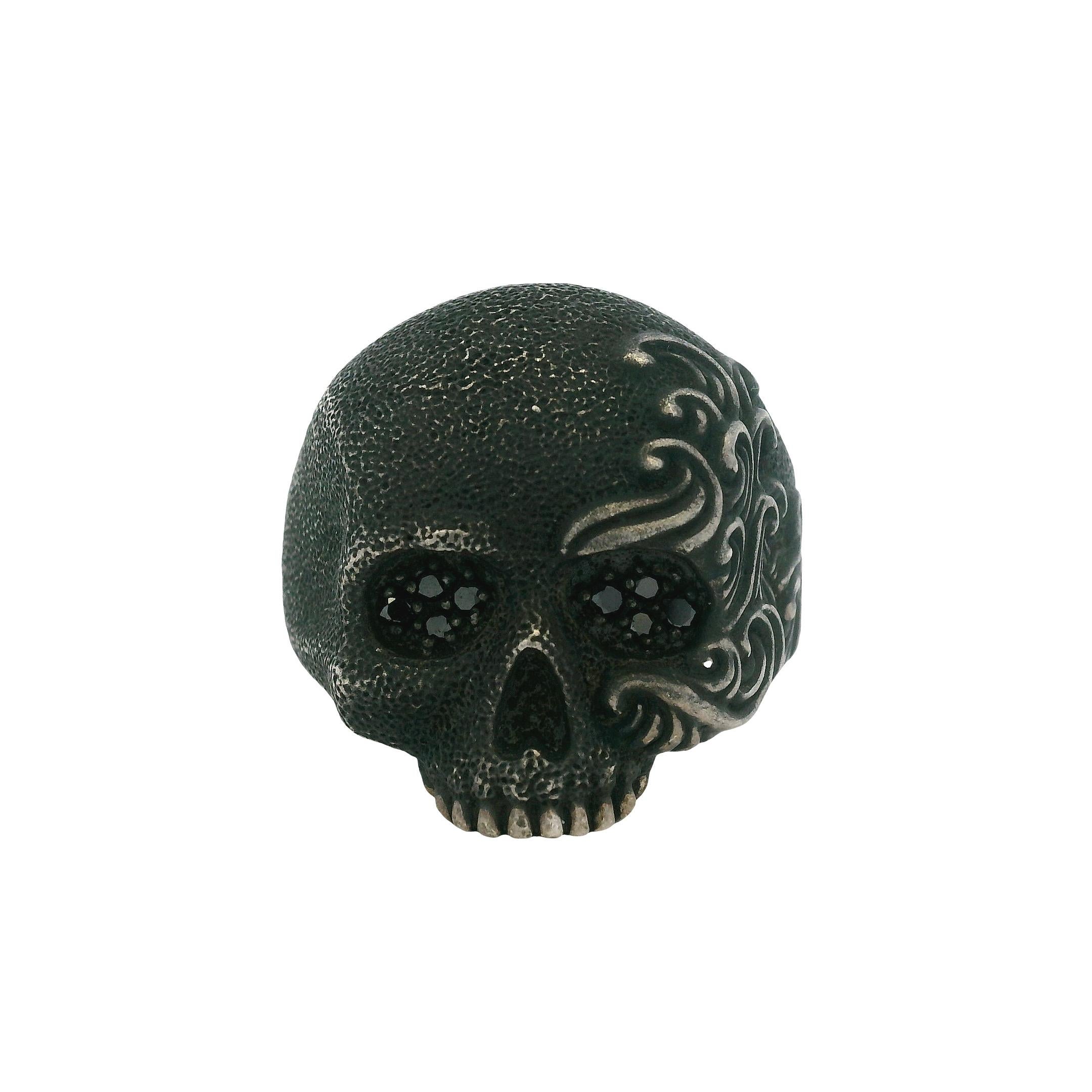 Contemporary David Yurman Sterling Silver with Black Diamonds Waves Skull Ring For Sale