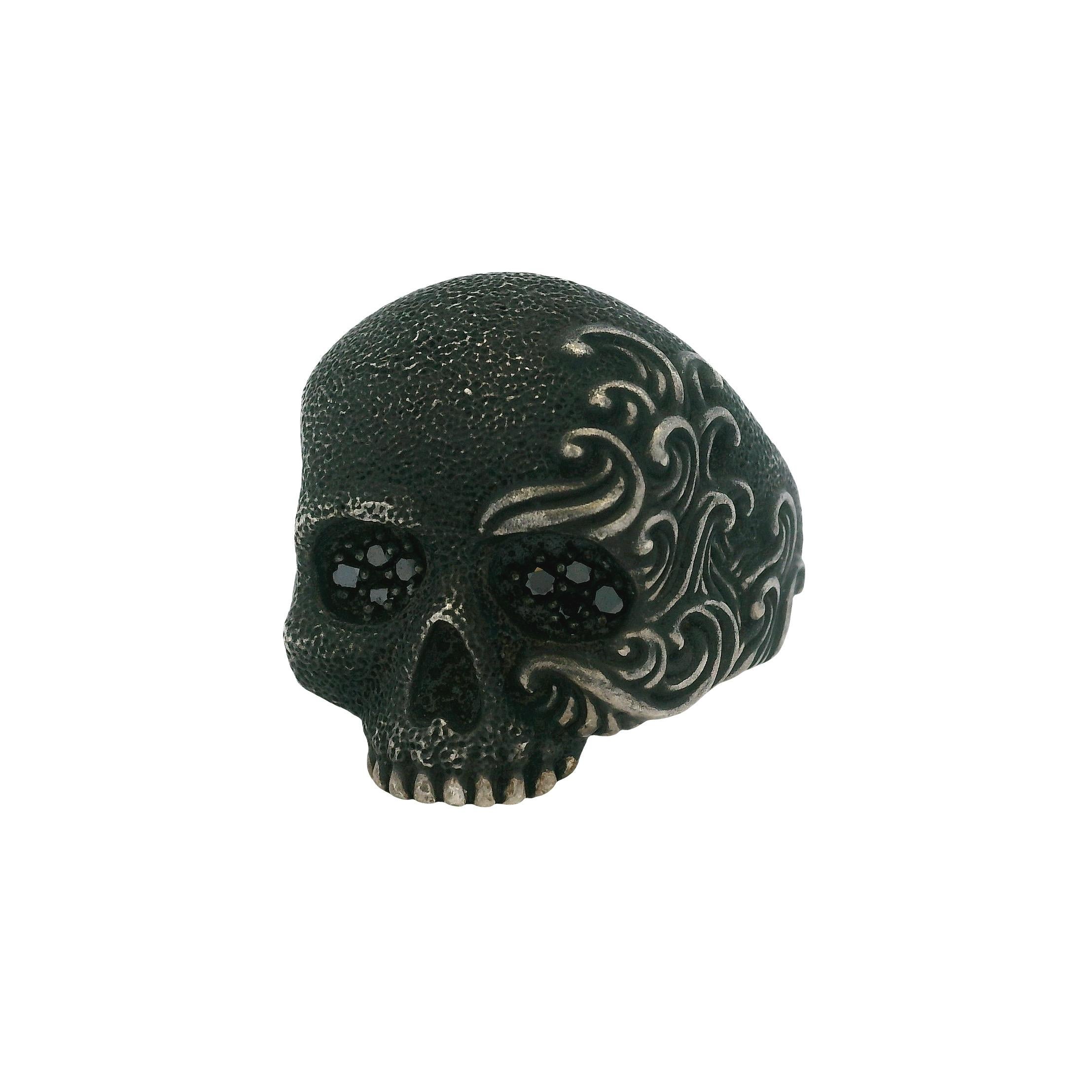 Round Cut David Yurman Sterling Silver with Black Diamonds Waves Skull Ring For Sale