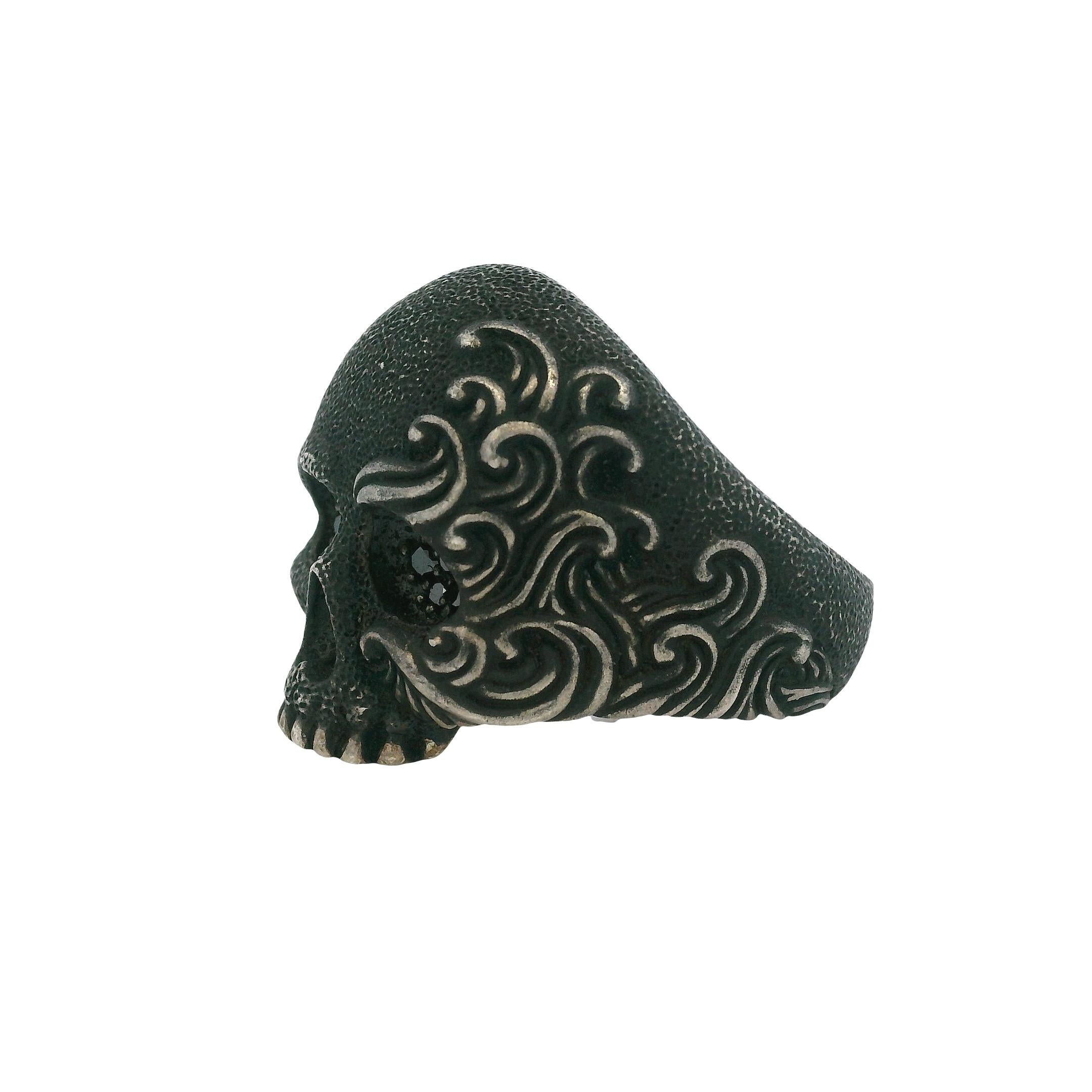 Men's David Yurman Sterling Silver with Black Diamonds Waves Skull Ring For Sale