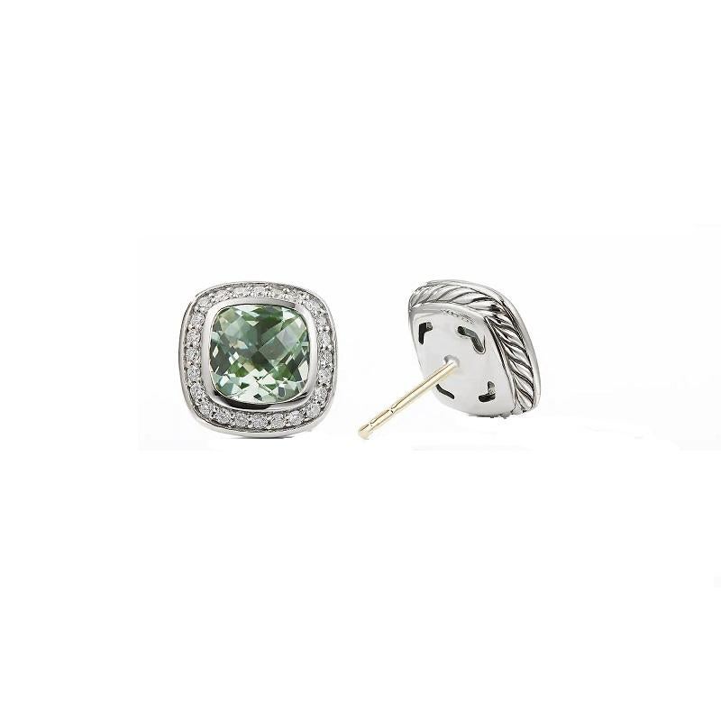 Sterling Silver
Faceted Prasiolite
Pavé Diamonds, 0.25 total carat weight, center 7x7
Earring, 11x11mm
E12310DSSAPLDI