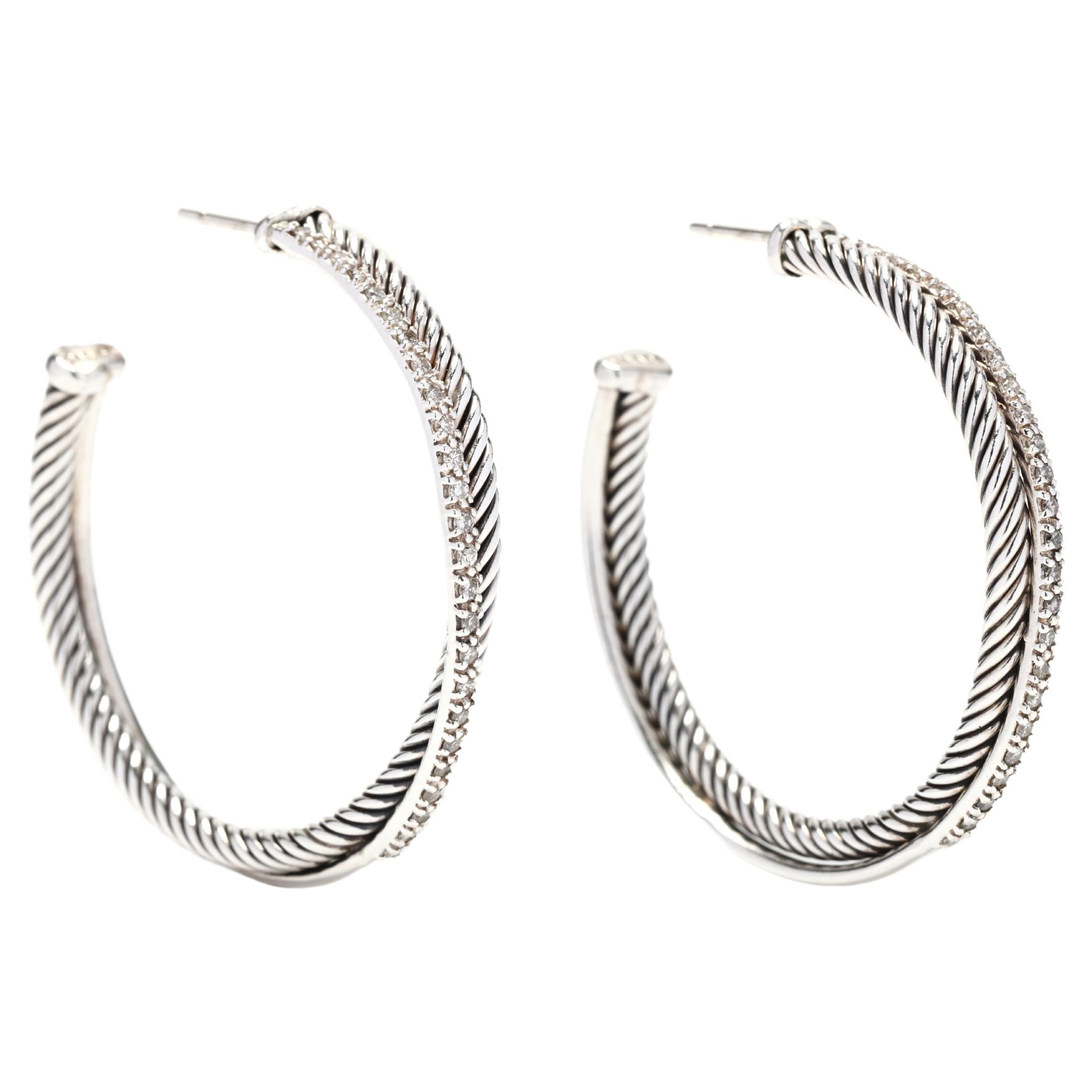 David Yurman Sterling Silver X Large Diamond Crossover Hoop Earrings, Cable Hoop
