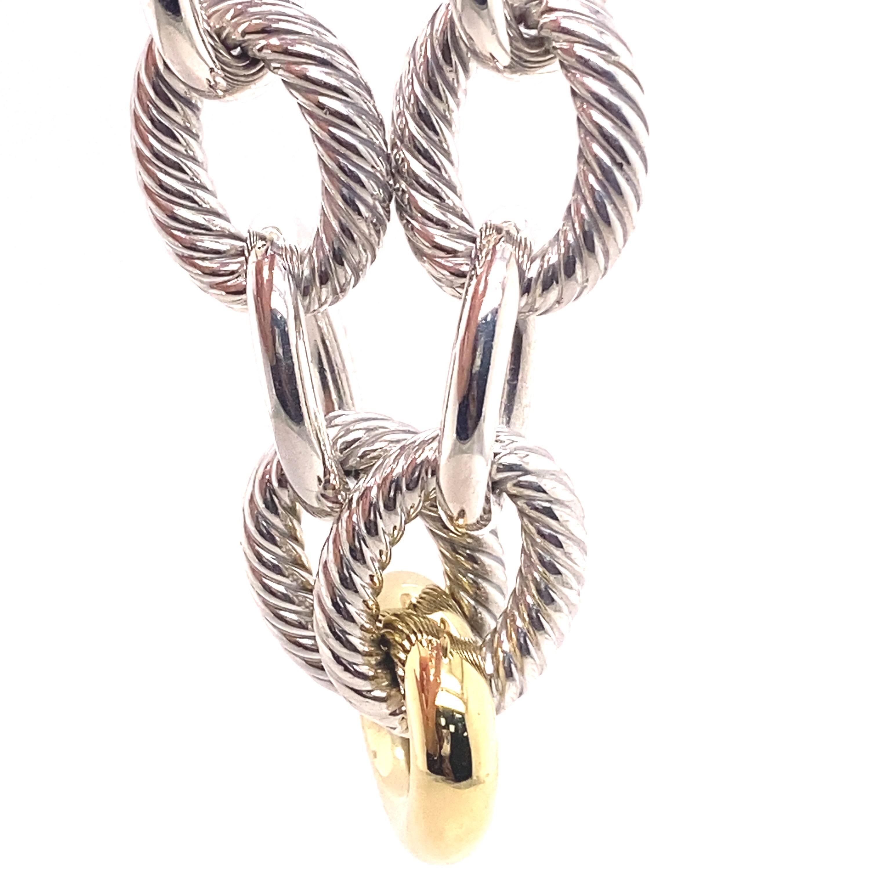 David Yurman Madison XL Oval Link Cable Bracelet
Style:   Oval Link 
Metal:   Sterling Silber with 18kt Bonded Yellow Gold
Size:   Extra Large 19.5' MM
Length:  7.5 Inches
Closure:  Cable Push Clasp
Style Code:  BC0287S8
Hallmark:  925. 1/4