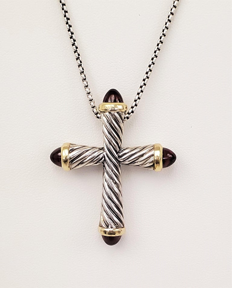 David Yurman Sterling Silver Yellow Gold and Garnet Cross Pendant