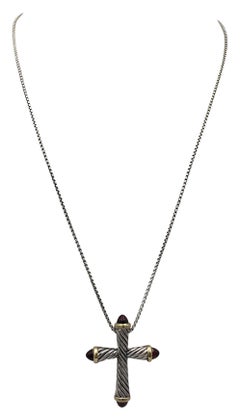 David Yurman Sterling Silver Yellow Gold and Garnet Cross Pendant Necklace