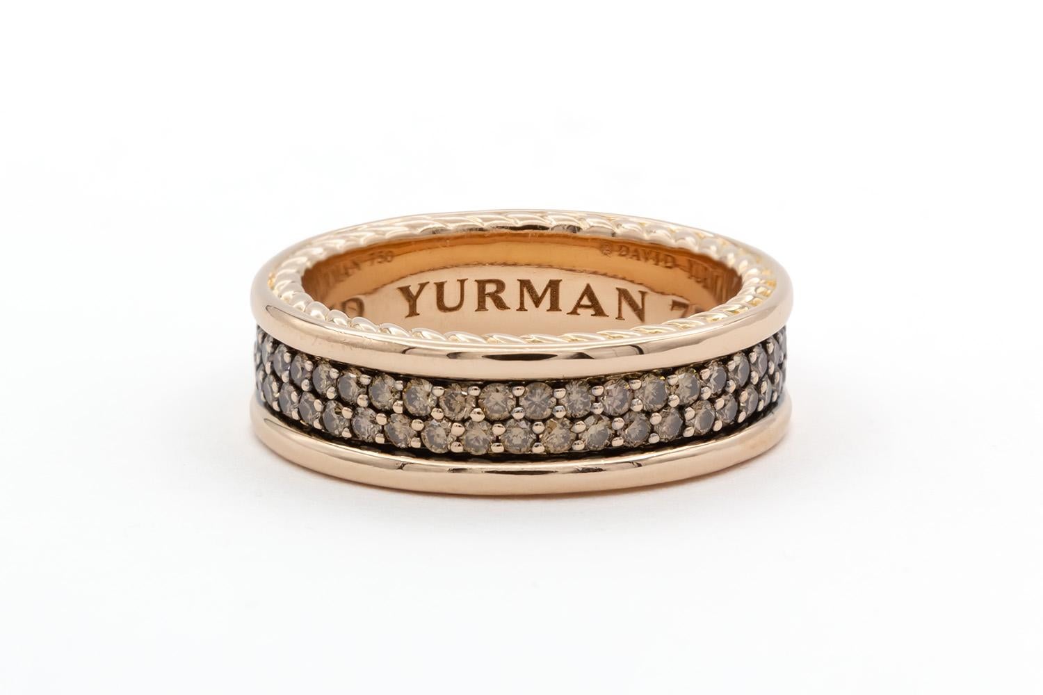 Round Cut David Yurman Streamline 2 Row 18k Rose Gold Cognac Diamond Mens Band Ring 6.5mm