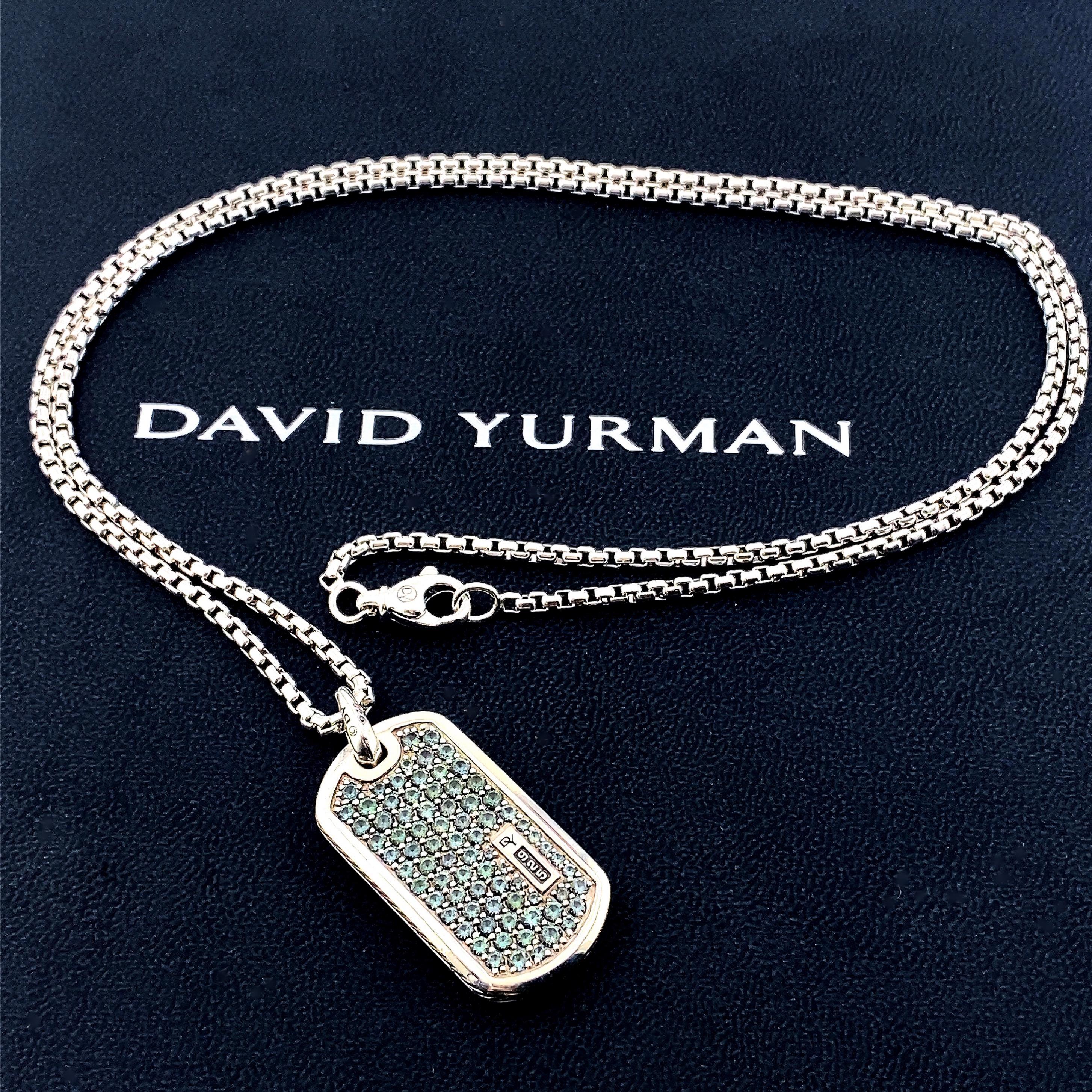 David Yurman Streamline Collection Pave Dog Tag Necklace
Metal: Sterling Silver 925
Pendant Measurements:  1.5 X 0.75 Inches
Length:  26' Box Chain - 2.7 MM width
TCW:  Approximately 2.25 tcw 
Gemstone:  77 Round Cut Green Prasiolite
Hallmark:  DY