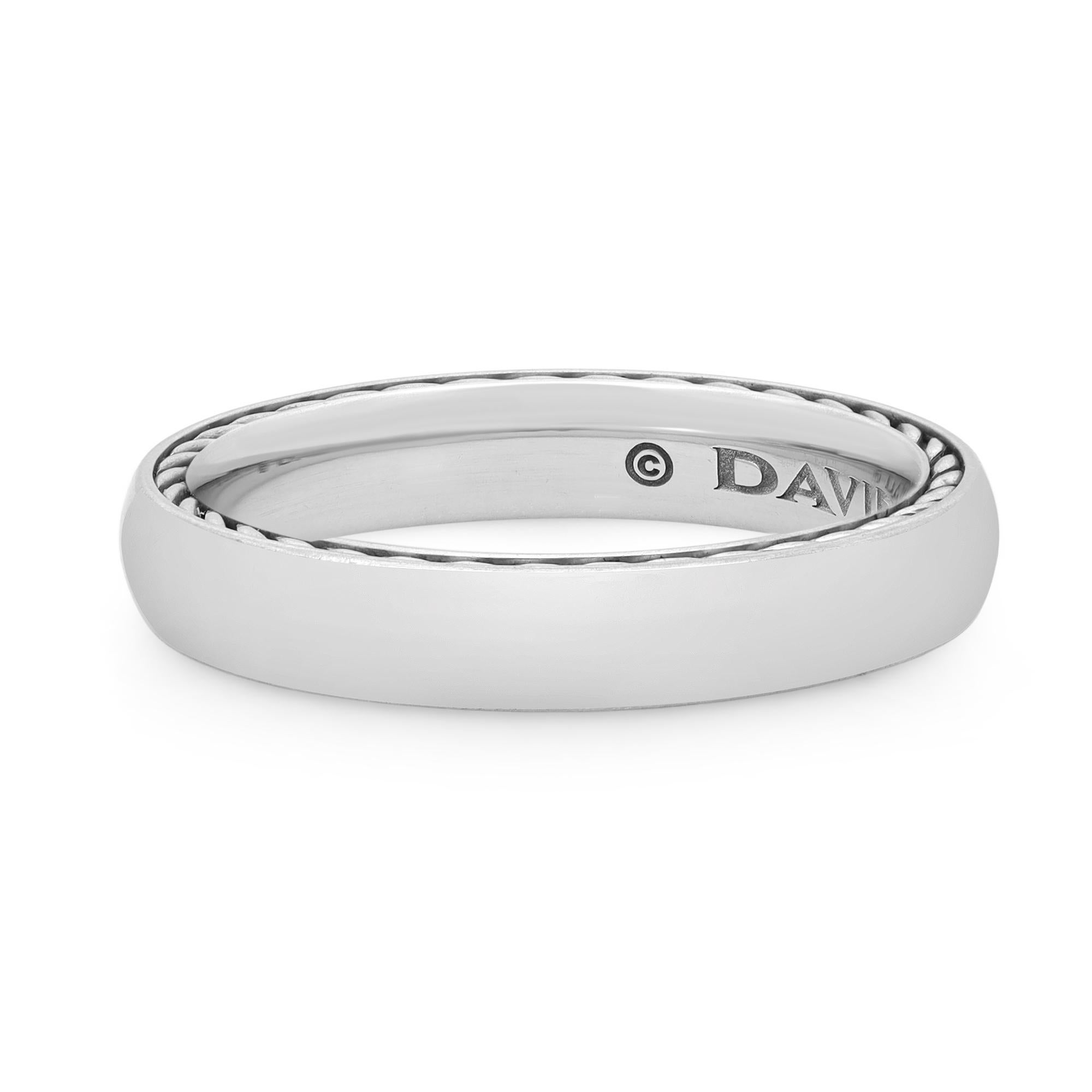 Inspired by clean lines and smooth metal surfaces. This David Yurman minimalist design collection is sculpted with engineered precision. Crafted in fine 18K white gold. Ring size: 7.25. Width: 4mm. Total weight: 7.19 grams. Great pre-owned