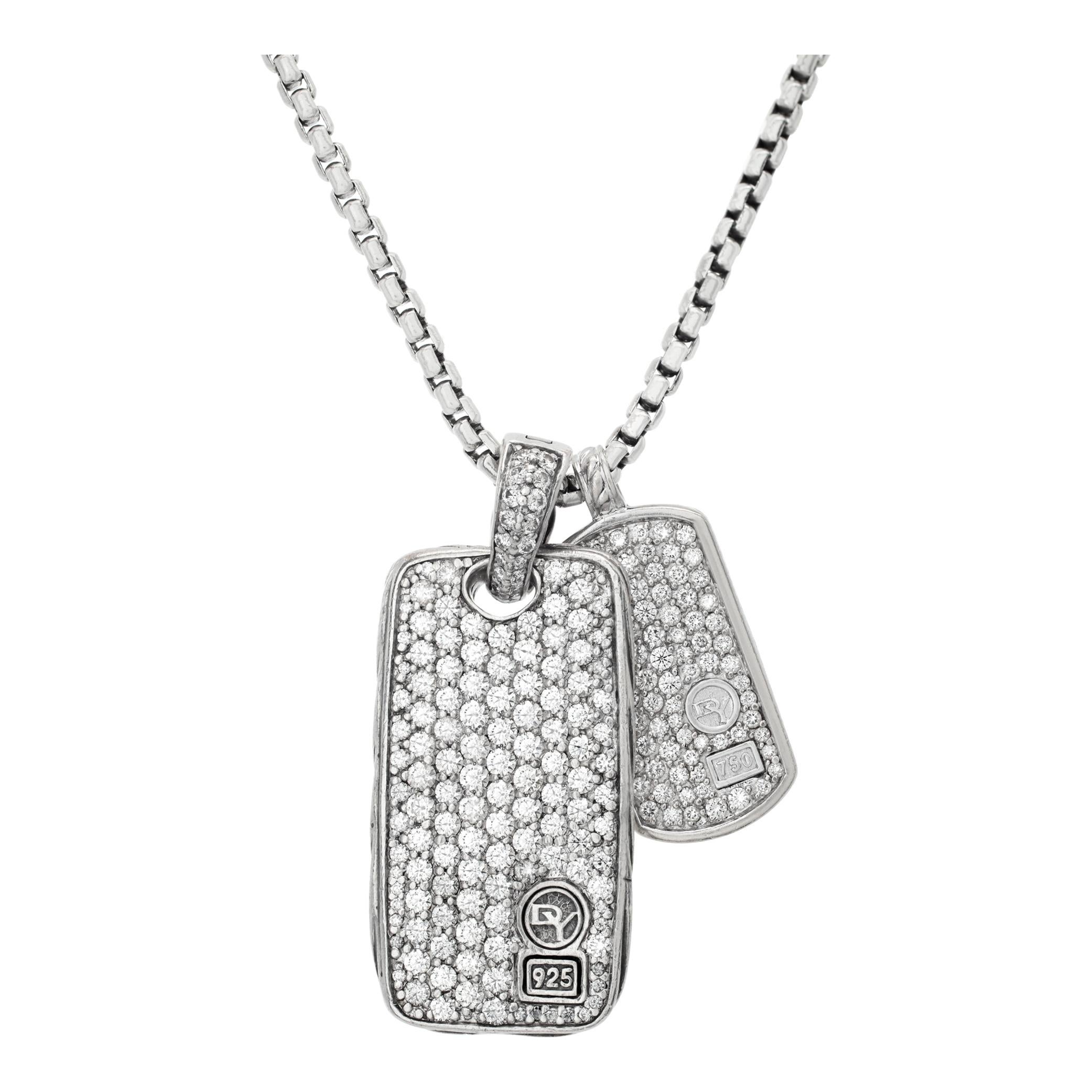 David Yurman Streamline His & Hers two diamond pave dog-tag pendants on box chain. Large diamond pendant 35mm x 18.5mm with 3.26 carats in diamonds and small with over 1 carat  25mm x 13.2 mm. Box chain 35