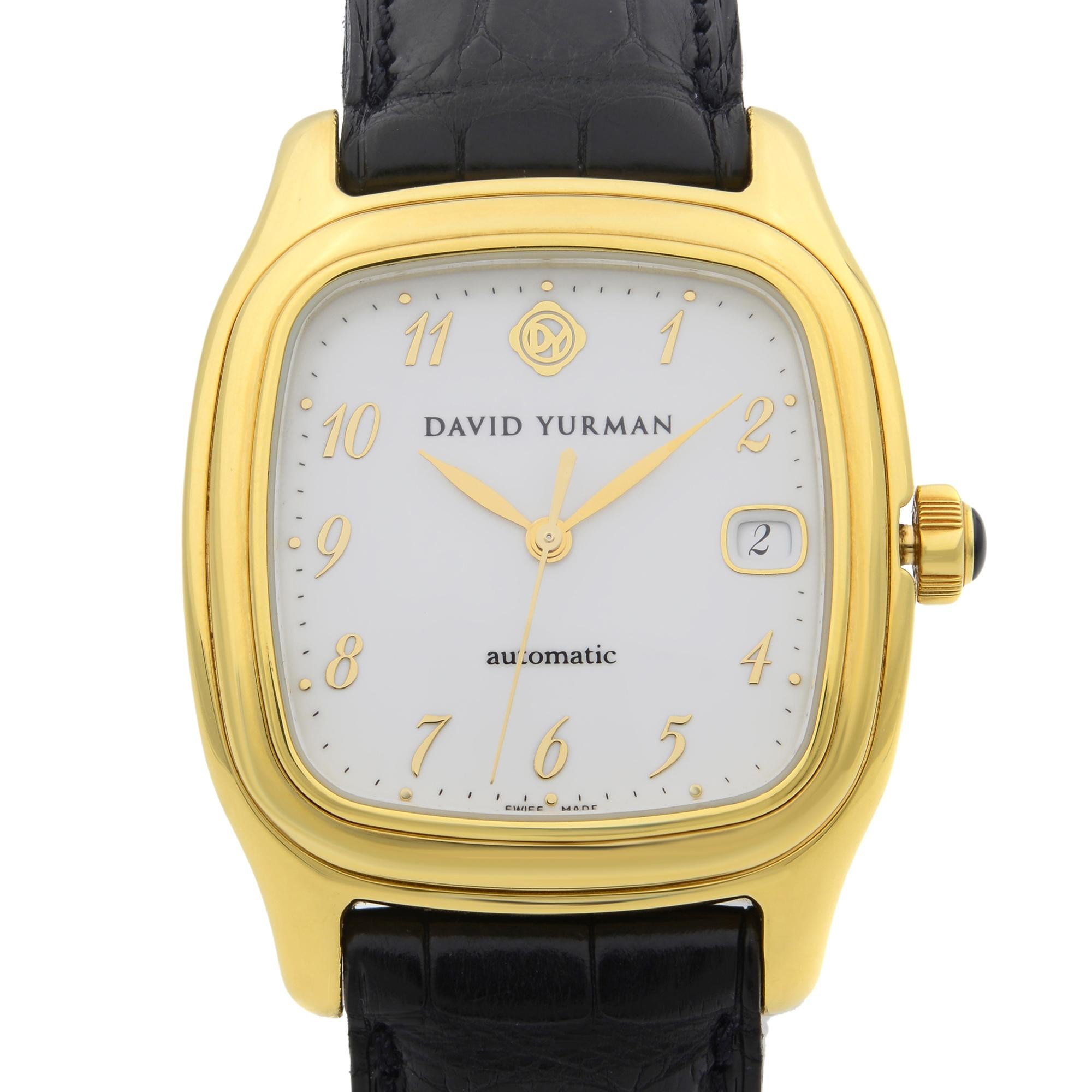 This pre-owned David Yurman Thoroughbred  T301-L88 is a beautiful men's timepiece that is powered by mechanical (automatic) movement which is cased in a yellow gold case. It has a tonneau shape face, date indicator dial and has hand arabic numerals