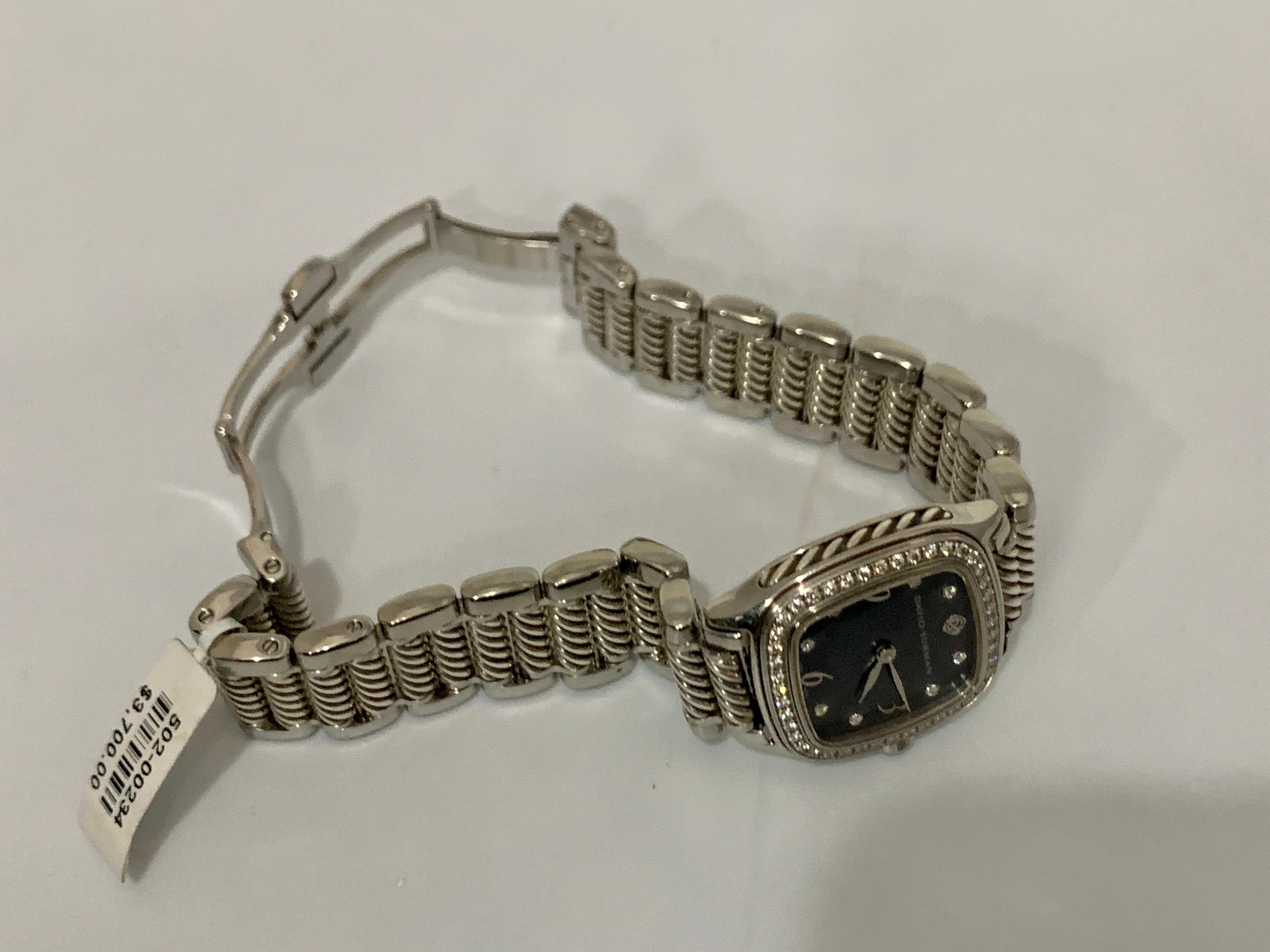 Round Cut David Yurman Thoroughbred Stainless Steel Quartz and Diamond Bezel MOP Face