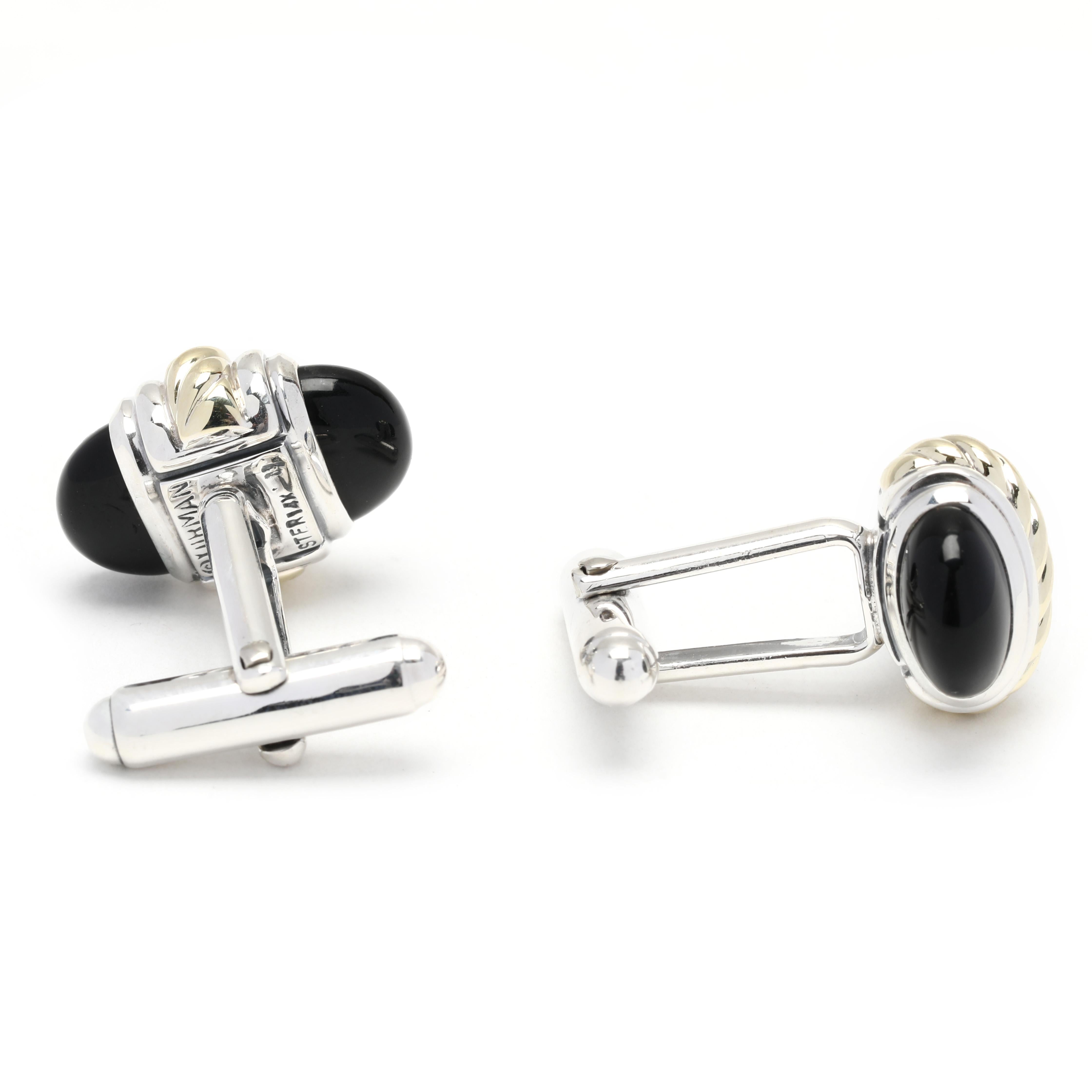 These David Yurman Thoroughbred Black Onyx Cufflinks are a timeless and stylish addition to any wardrobe! Crafted in luxurious 14K yellow gold and sterling silver, these cufflinks feature an oval shaped black onyx center surrounded by an intricate