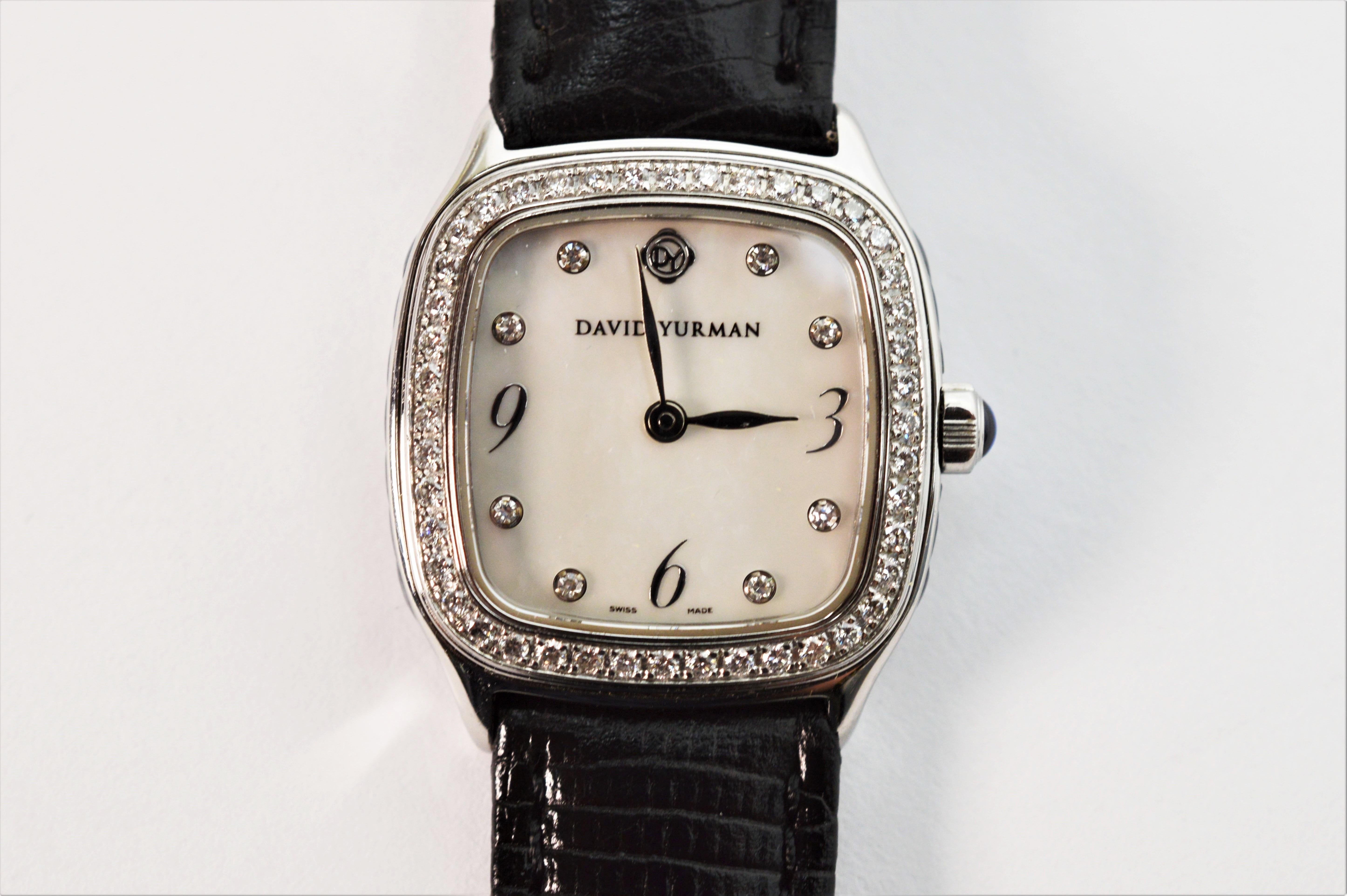 From the David Yurman Thoroughbred Collection , Ladies Stainless Steel Diamond Wrist Watch T304-XSST with Mother of Pearl face.  Sporting a slim line with a case size of 25mm ( approximately 1 inch square) this lovely ladies Swiss made quartz