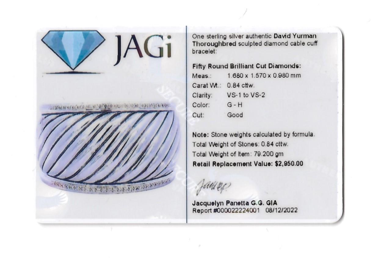 David Yurman Thoroughbred Sculpted Diamond Cable Cuff Bracelet Sterling Silver 6