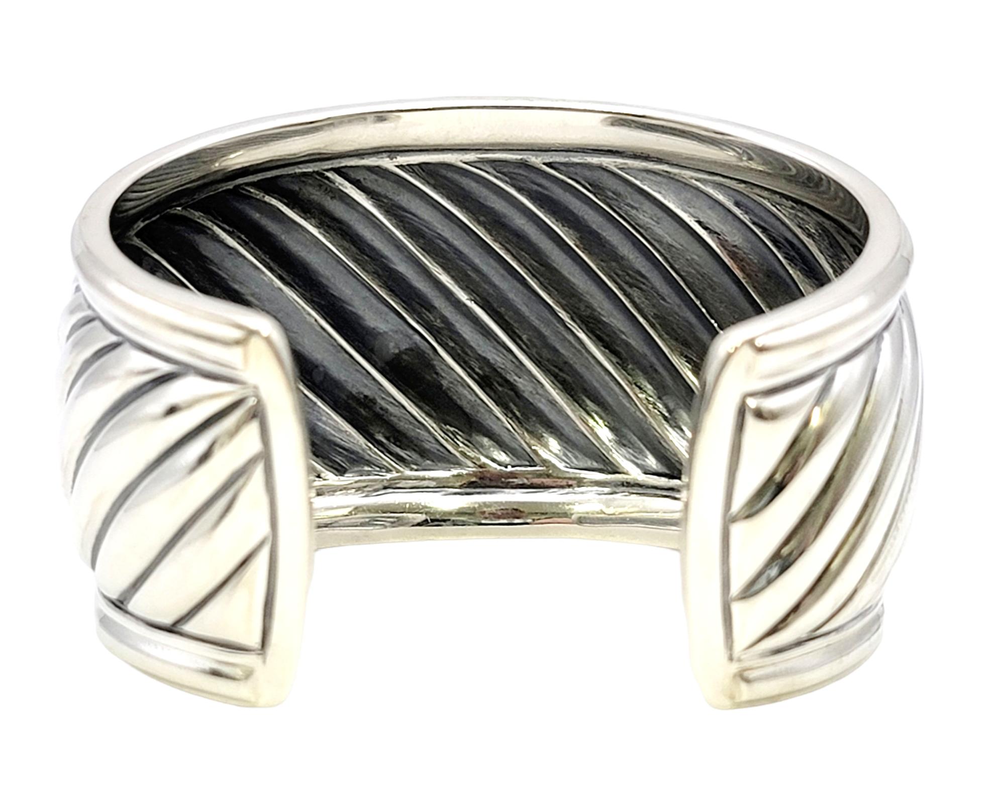 Round Cut David Yurman Thoroughbred Sculpted Diamond Cable Cuff Bracelet Sterling Silver