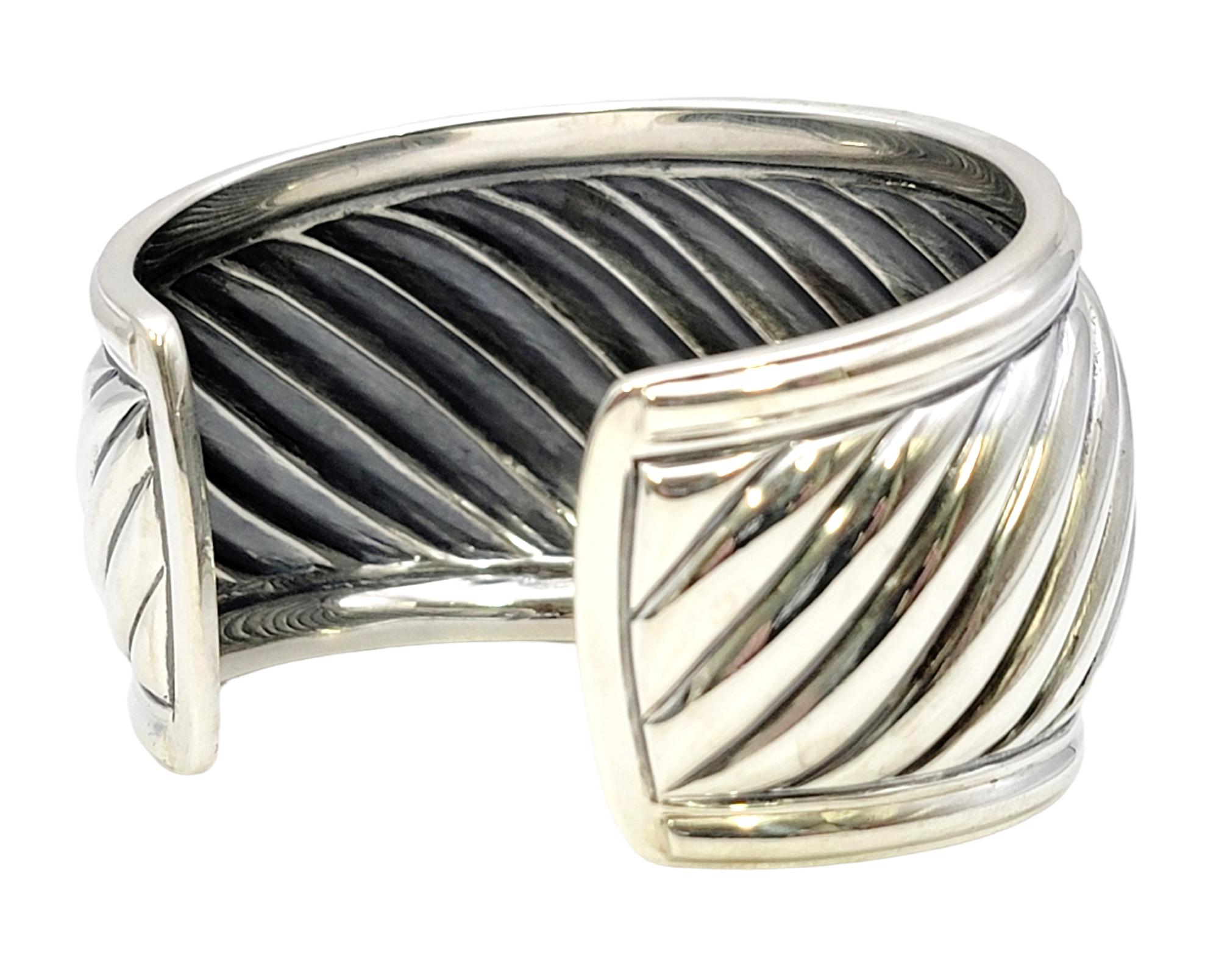 David Yurman Thoroughbred Sculpted Diamond Cable Cuff Bracelet Sterling Silver In Good Condition In Scottsdale, AZ